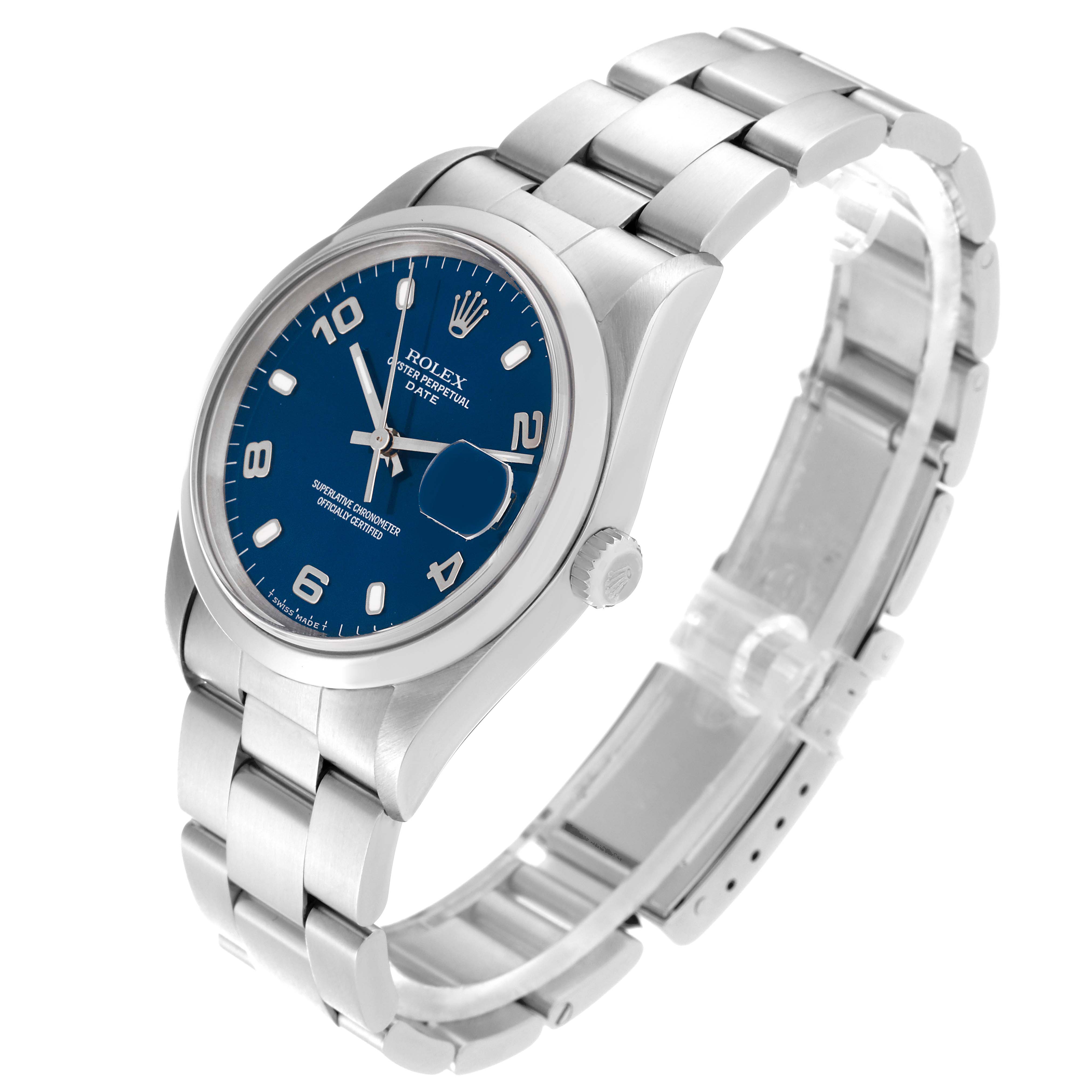The image shows a Rolex Date 15200 Men's Stainless Steel Blue Dial 15200 Men's Stainless Steel Blue Dial model watch from an angle displaying the face, crown, and bracelet.