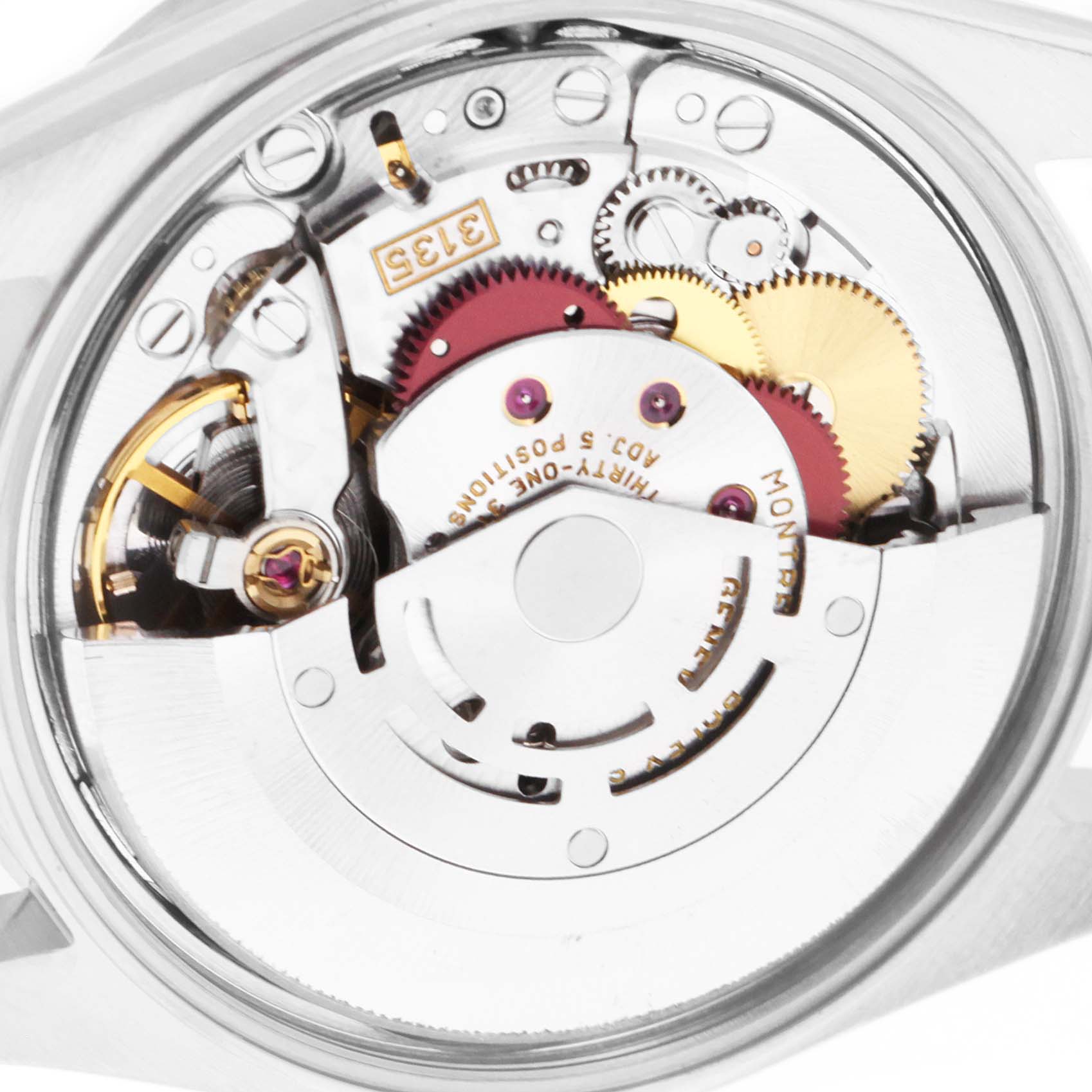 This image shows the internal mechanism of a Rolex Date 15210 Men's Stainless Steel Pink Dial 15210 Men's Stainless Steel Pink Dial model watch captured from the rear.