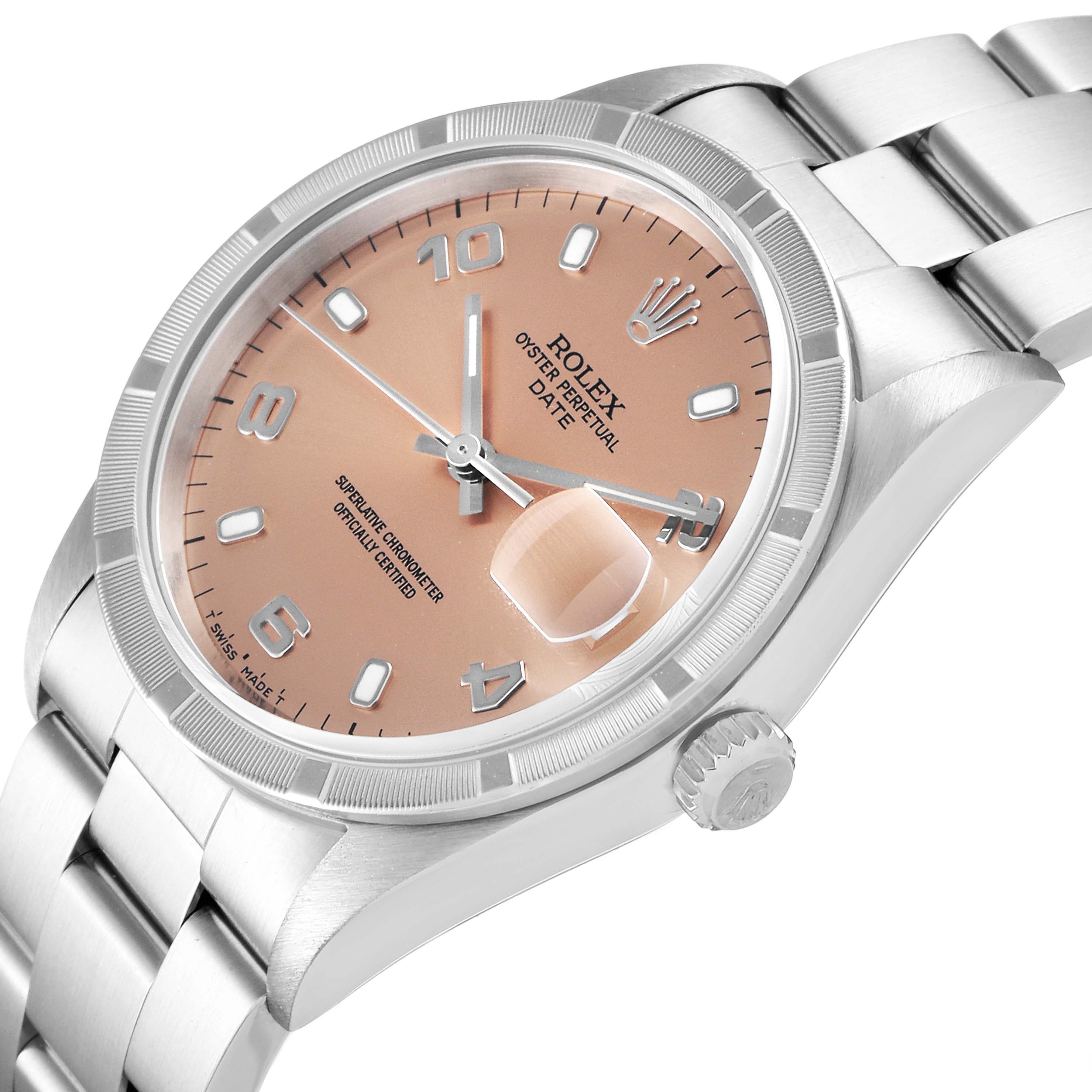 The image shows a Rolex Oyster Perpetual Date model watch at a slight angle, highlighting the dial, bezel, and bracelet.