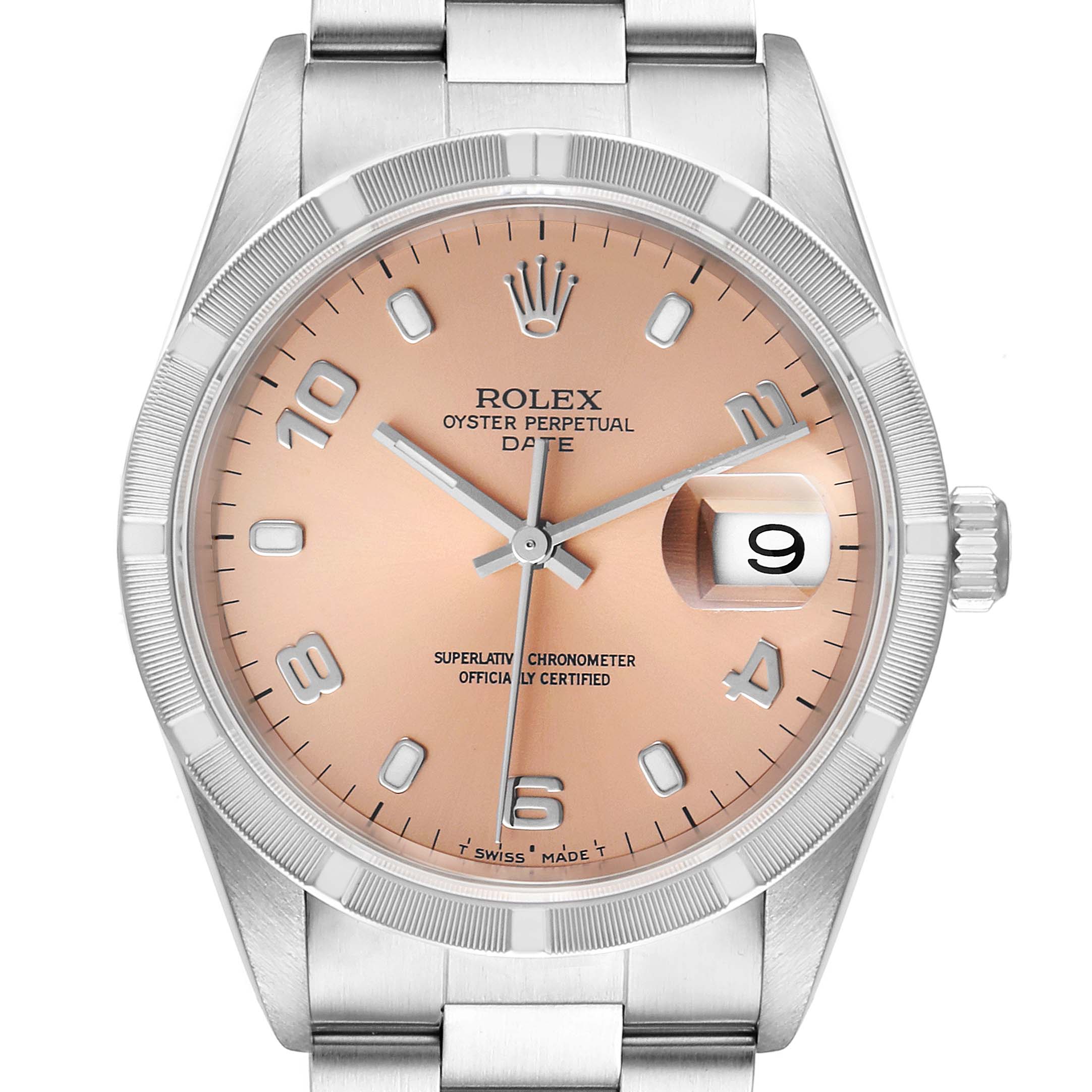The image shows a Rolex Date 15210 Men's Stainless Steel Pink Dial 15210 Men's Stainless Steel Pink Dial watch in a front view, highlighting its dial, date window, bezel, and bracelet.