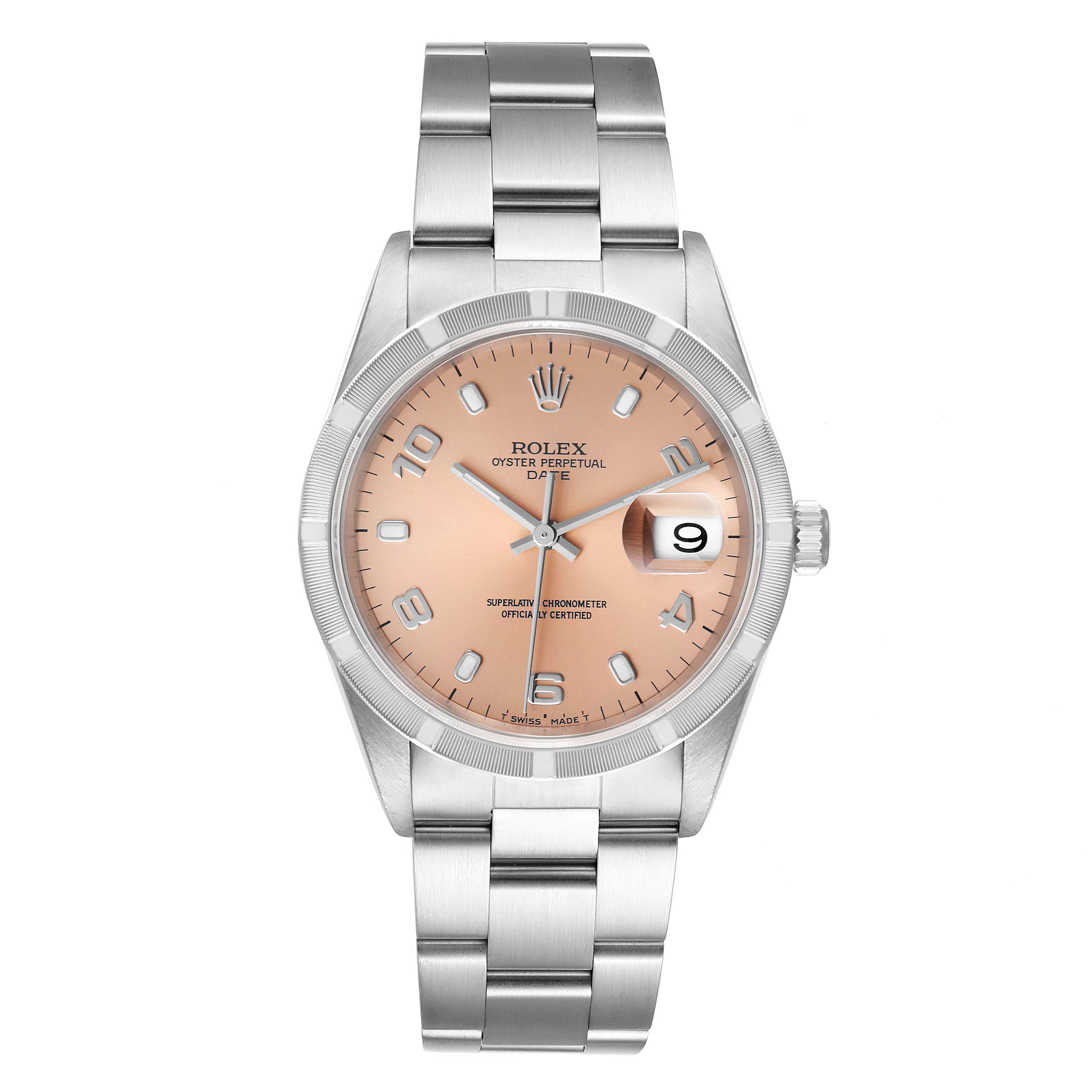 The Rolex Date 15210 Men's Stainless Steel Pink Dial 15210 Men's Stainless Steel Pink Dial watch is shown from a straight-on angle, displaying its face, bezel, crown, and bracelet.