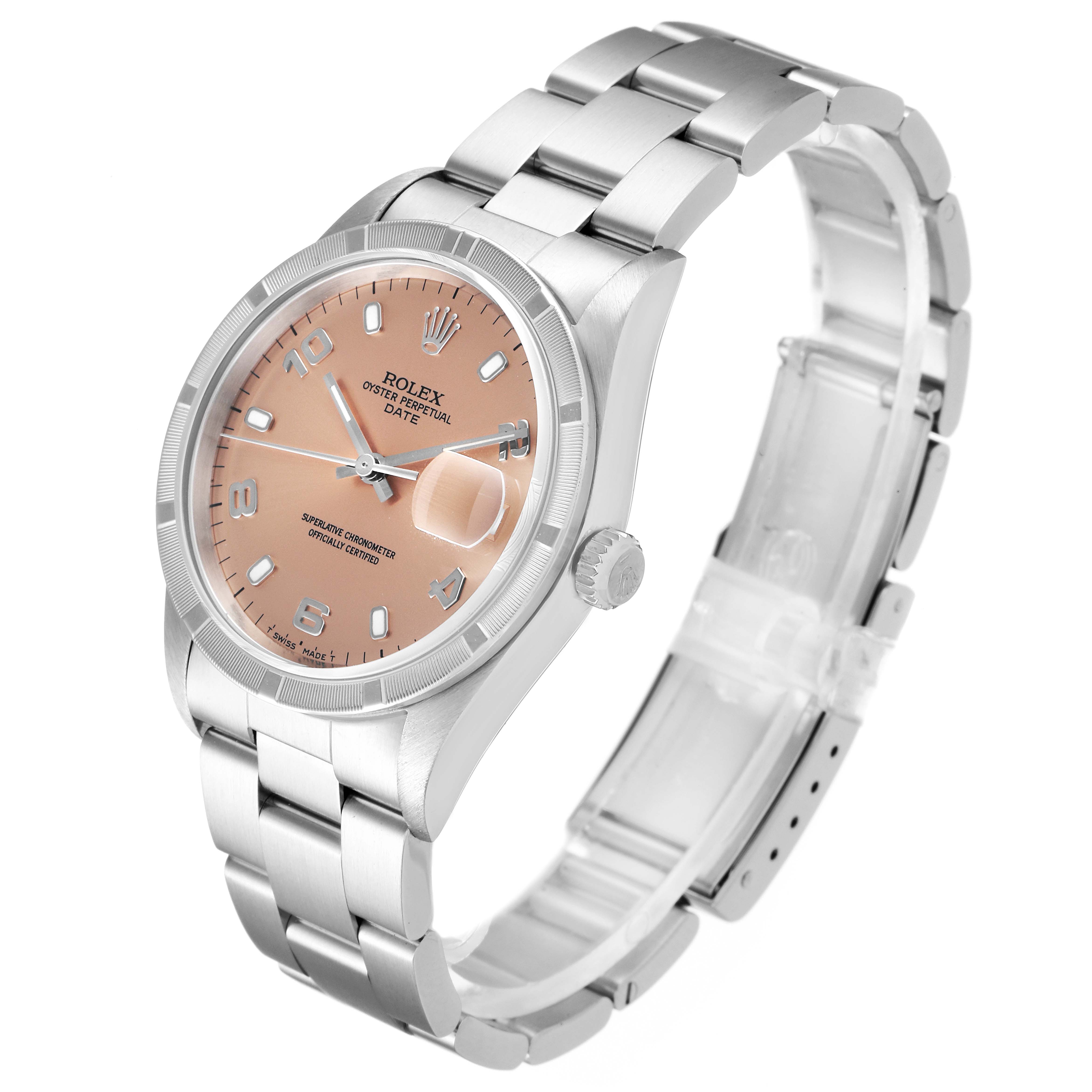 The image shows a Rolex Date 15210 Men's Stainless Steel Pink Dial 15210 Men's Stainless Steel Pink Dial model watch angled to display the face, case, crown, and bracelet.