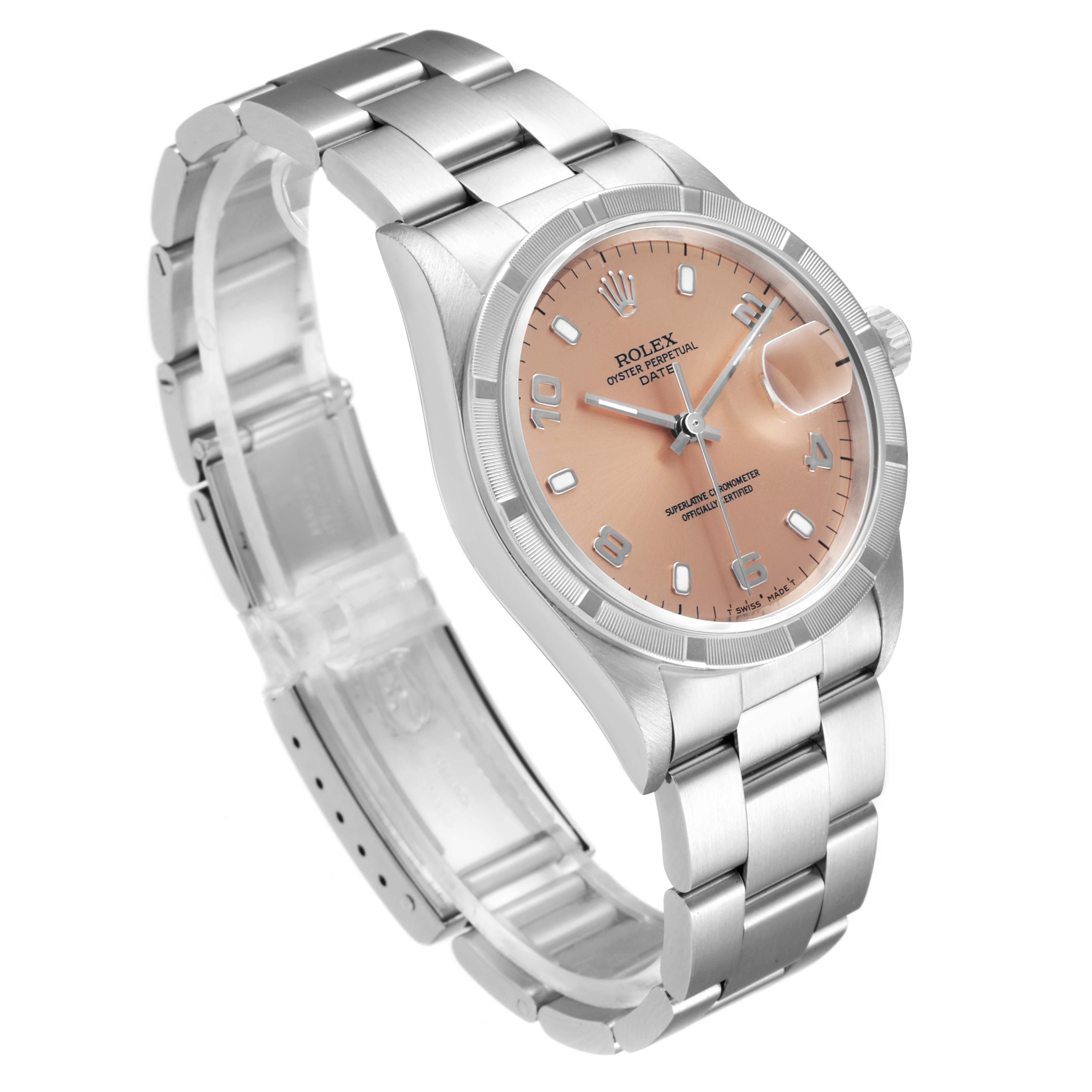 The image shows a Rolex Date 15210 Men's Stainless Steel Pink Dial 15210 Men's Stainless Steel Pink Dial model watch at a 3/4 angle, highlighting its face, bezel, crown, and bracelet.