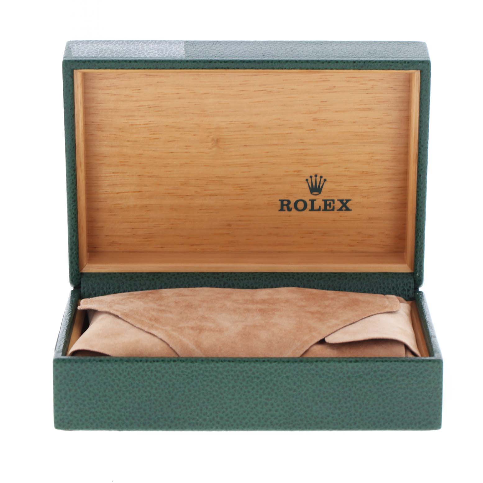 The image shows a green Rolex Date 15210 Men's Stainless Steel Pink Dial 15210 Men's Stainless Steel Pink Dial model watch box, open to reveal the inside with a protective cloth.