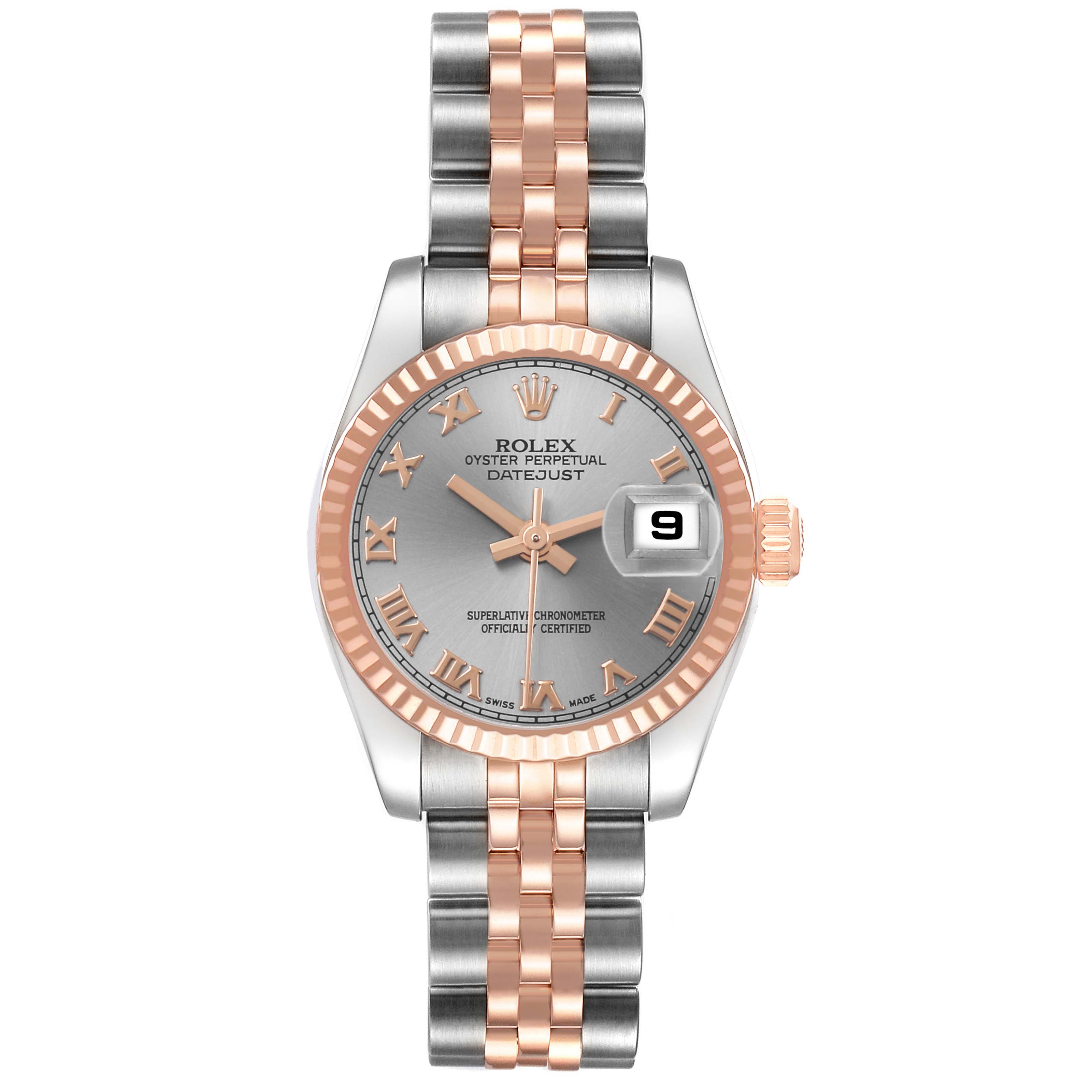 The Rolex Datejust 179171 Women's Steel and Gold (two tone) Silver Dial watch is shown from a top-down angle, displaying the dial, fluted bezel, and two-tone bracelet.