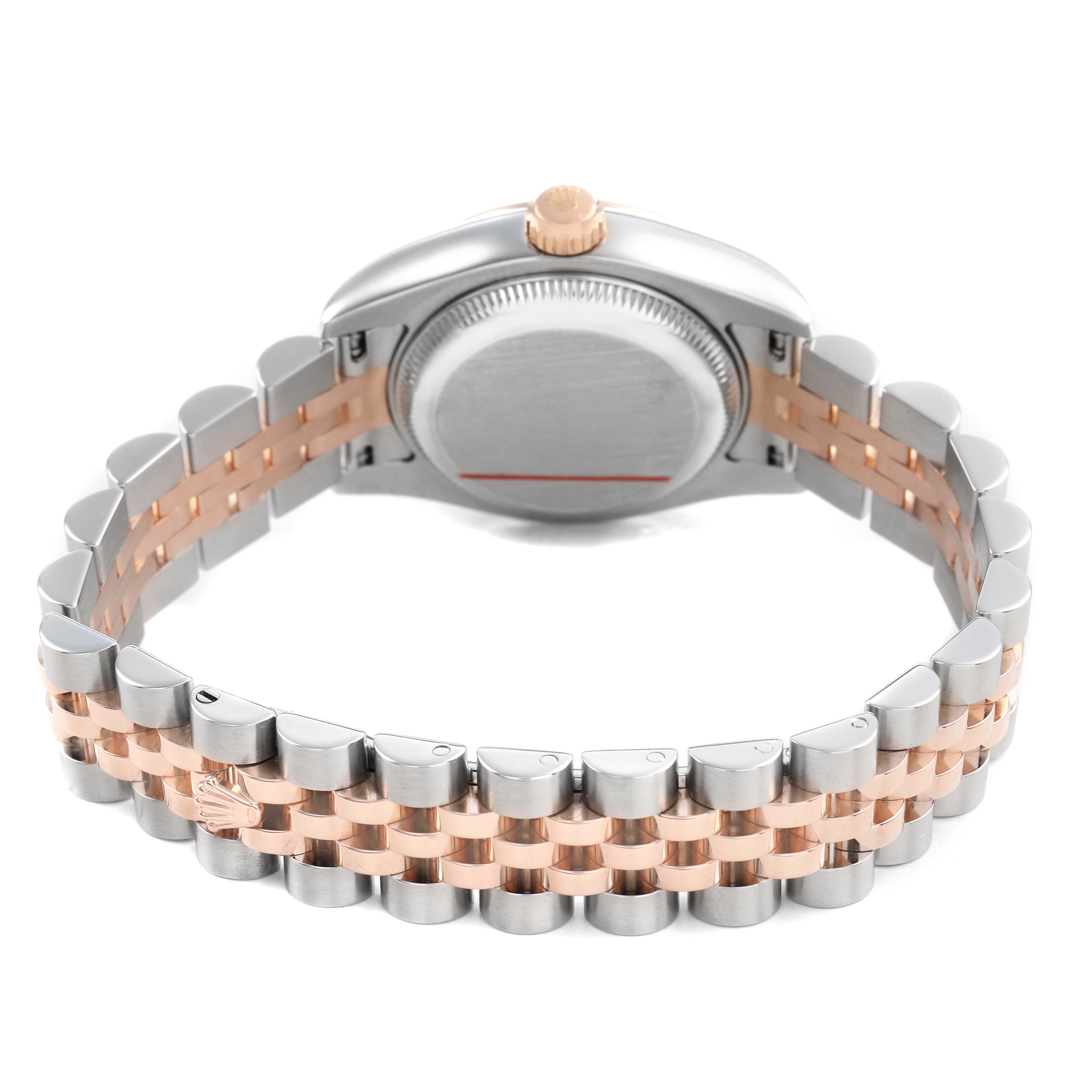 The image shows the back view of the Rolex Datejust 179171 Women's Steel and Gold (two tone) Silver Dial, highlighting the case back and the two-tone bracelet.