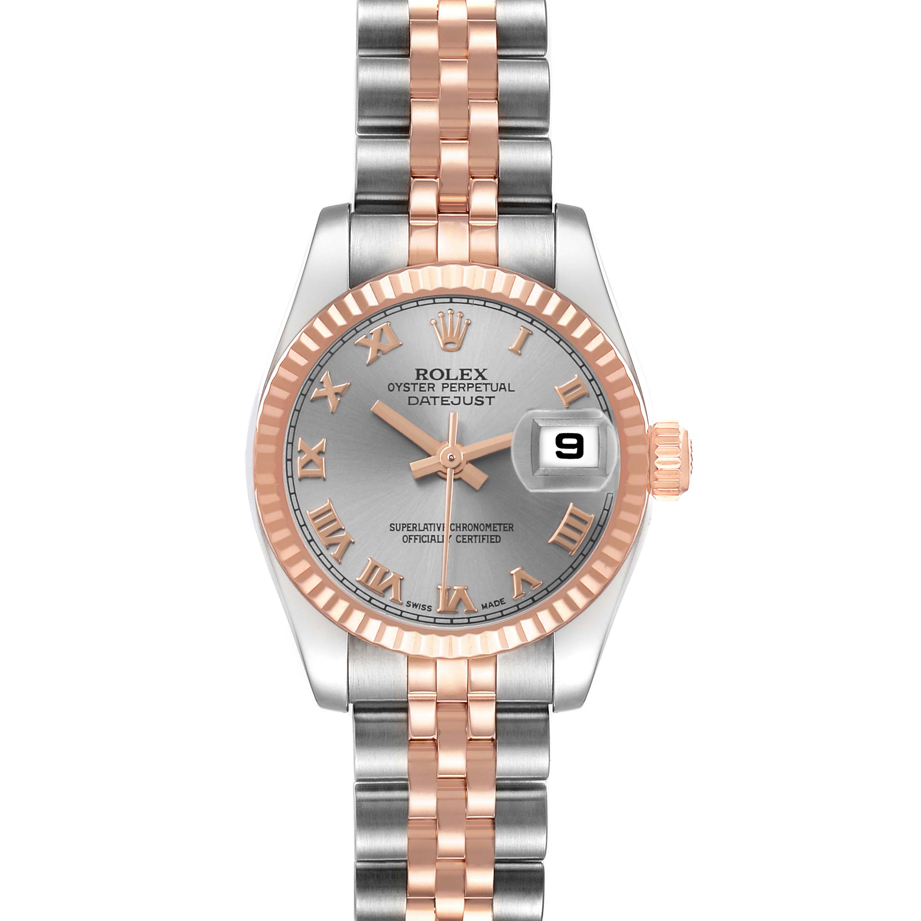 The Rolex Datejust 179171 Women's Steel and Gold (two tone) Silver Dial watch is shown from a top-down view, displaying its face, bezel, crown, and bracelet.