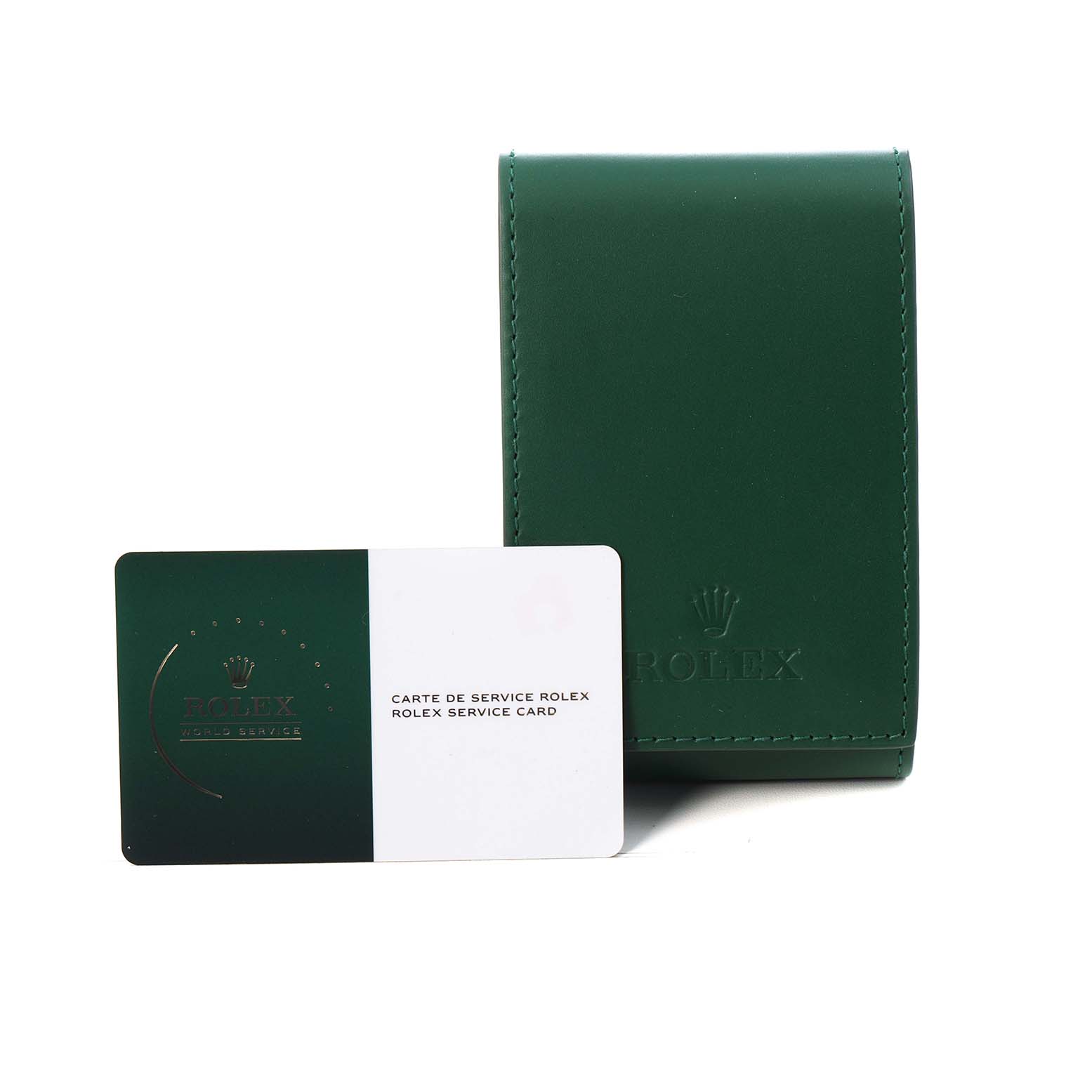 The image shows a Rolex service card and a green leather pouch for the Rolex Datejust 179171 Women's Steel and Gold (two tone) Silver Dial model.