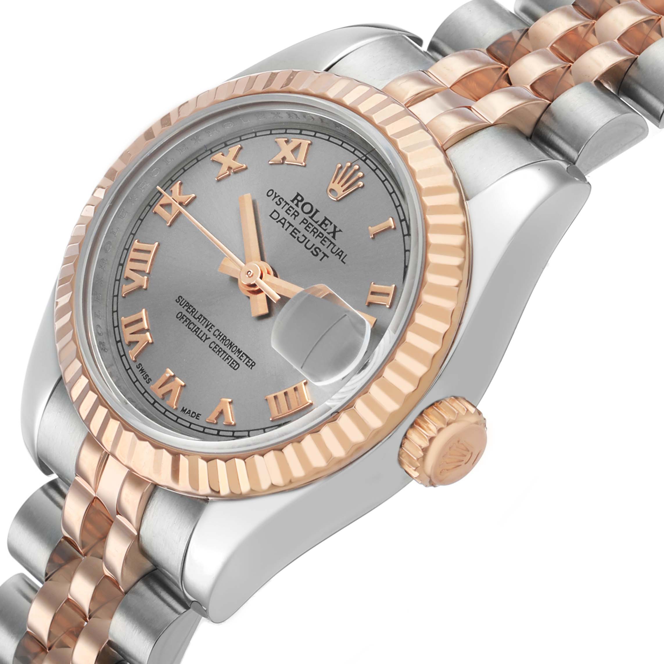 The Rolex Datejust 179171 Women's Steel and Gold (two tone) Silver Dial watch is shown at an angled side view, highlighting the bezel, dial, and bracelet.