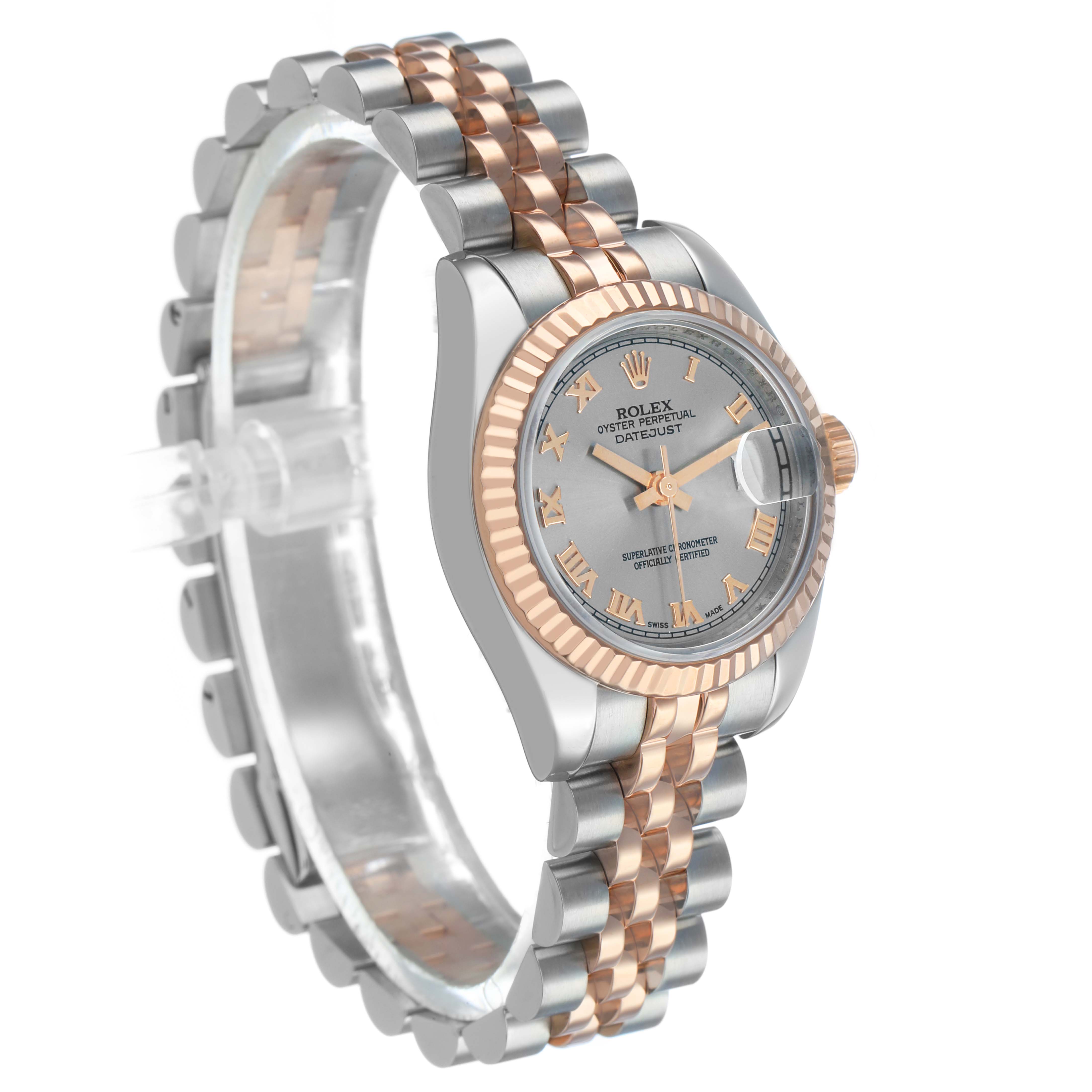 The Rolex Datejust 179171 Women's Steel and Gold (two tone) Silver Dial watch is shown at a three-quarter angle, displaying the dial, bezel, case, and bracelet.