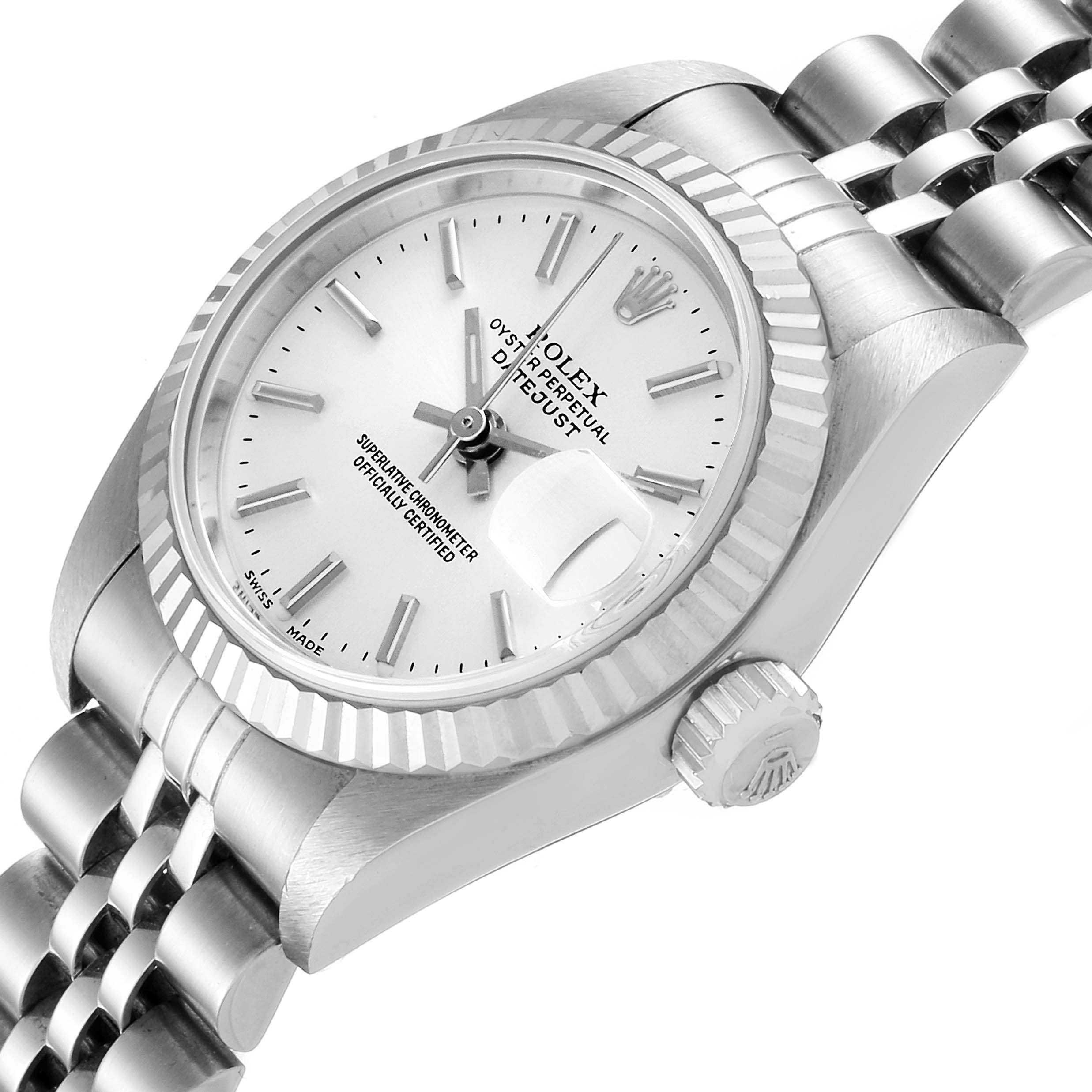 The image shows a Rolex Datejust 79174 Women's Stainless Steel Silver Dial 79174 Women's Stainless Steel Silver Dial watch at a slight angle, highlighting the dial, crown, and part of the bracelet.