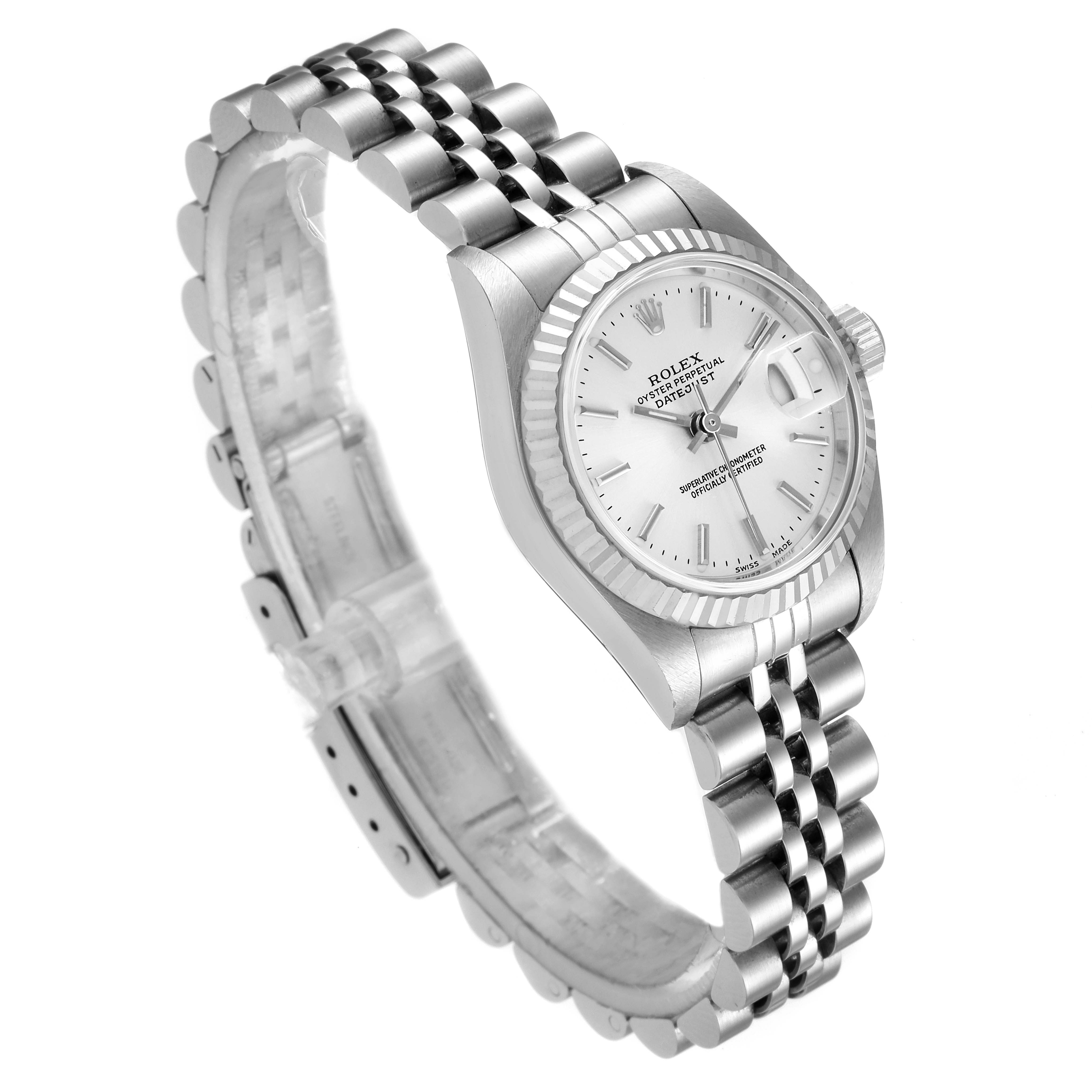 The Rolex Datejust 79174 Women's Stainless Steel Silver Dial 79174 Women's Stainless Steel Silver Dial model watch is shown at a three-quarter angle, highlighting the face, bezel, and Jubilee bracelet.