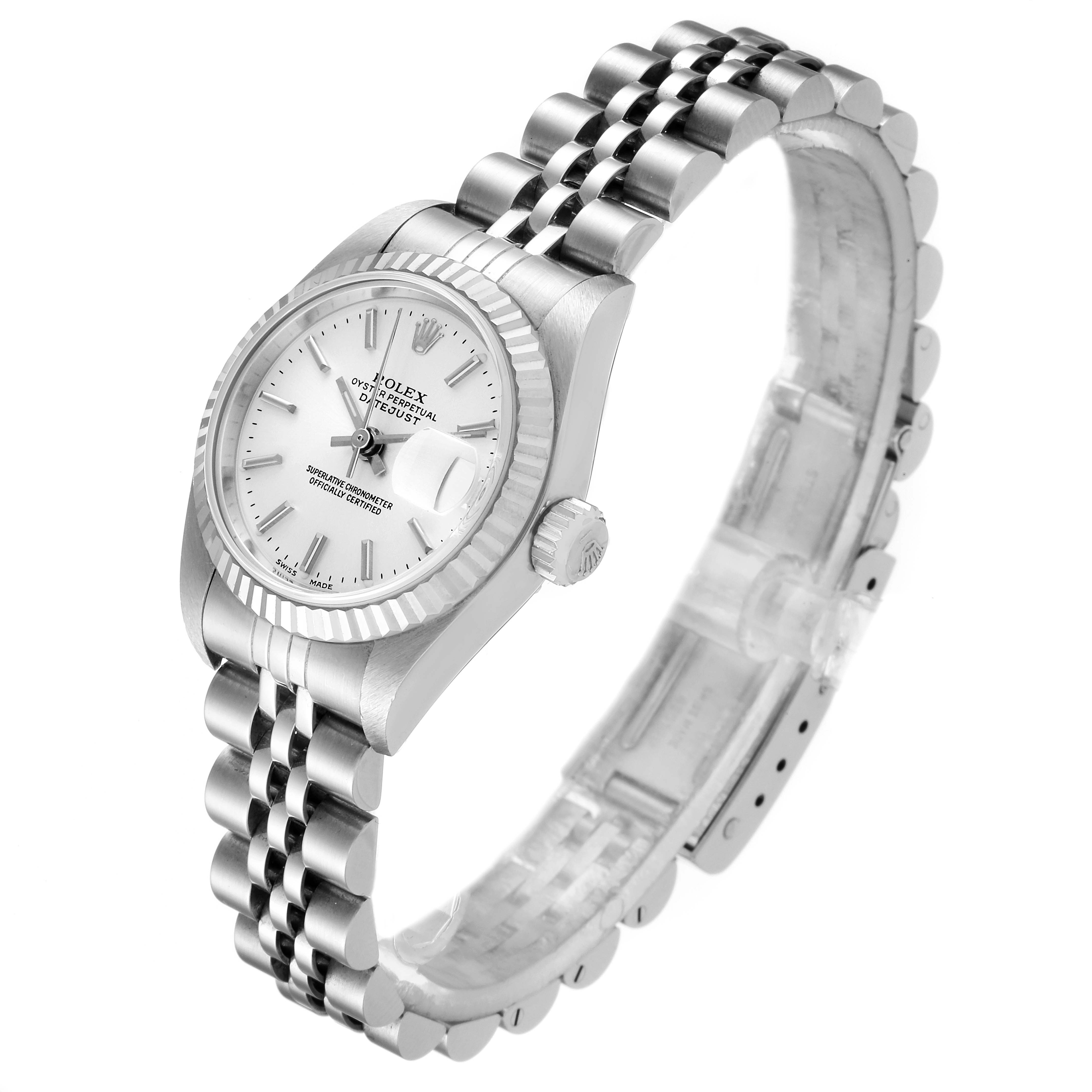 The image shows a Rolex Datejust 79174 Women's Stainless Steel Silver Dial 79174 Women's Stainless Steel Silver Dial watch angled from the front and to the right, displaying the face, bezel, and part of the bracelet.