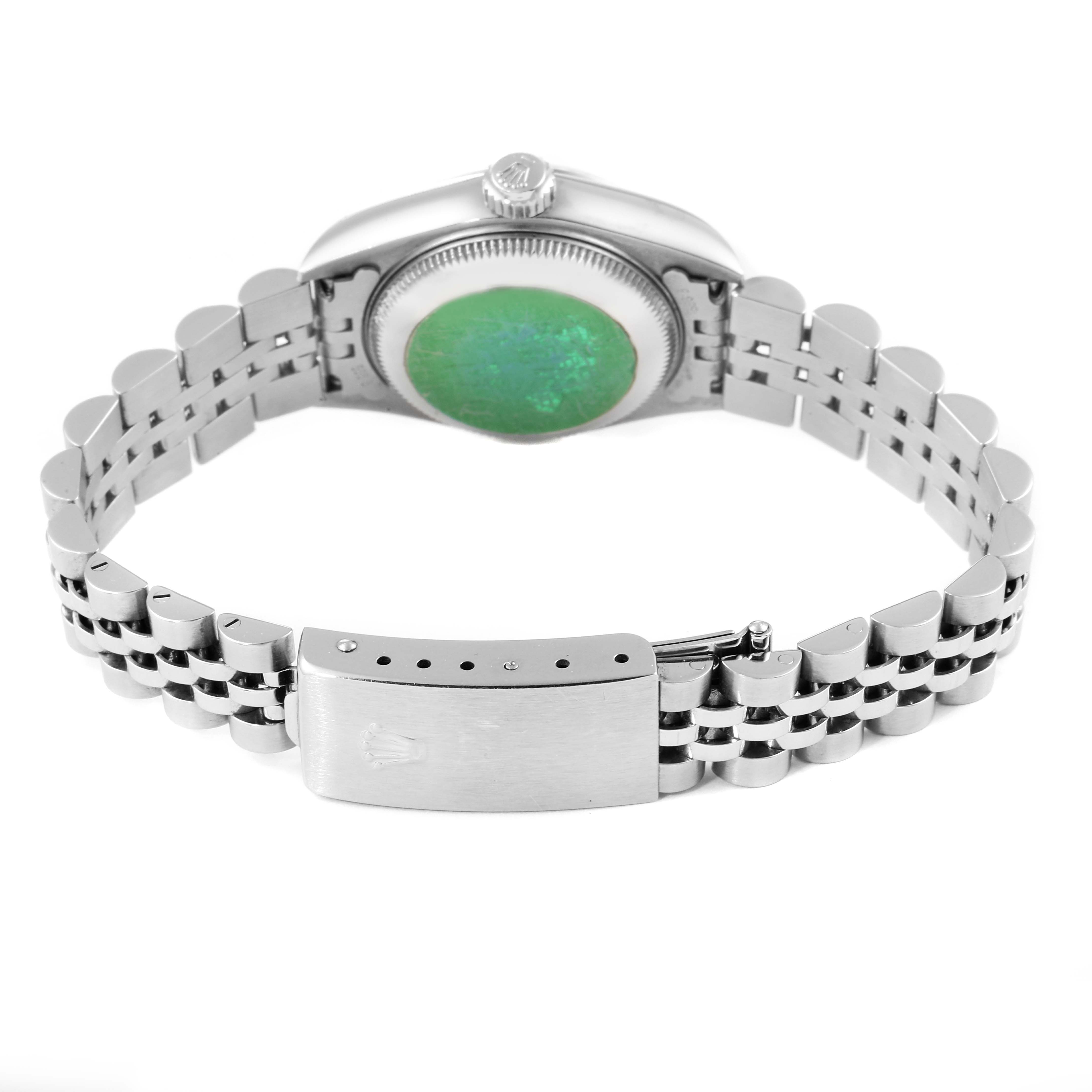 The image shows the back view of the Rolex Datejust 79174 Women's Stainless Steel Silver Dial 79174 Women's Stainless Steel Silver Dial, highlighting the bracelet and clasp.