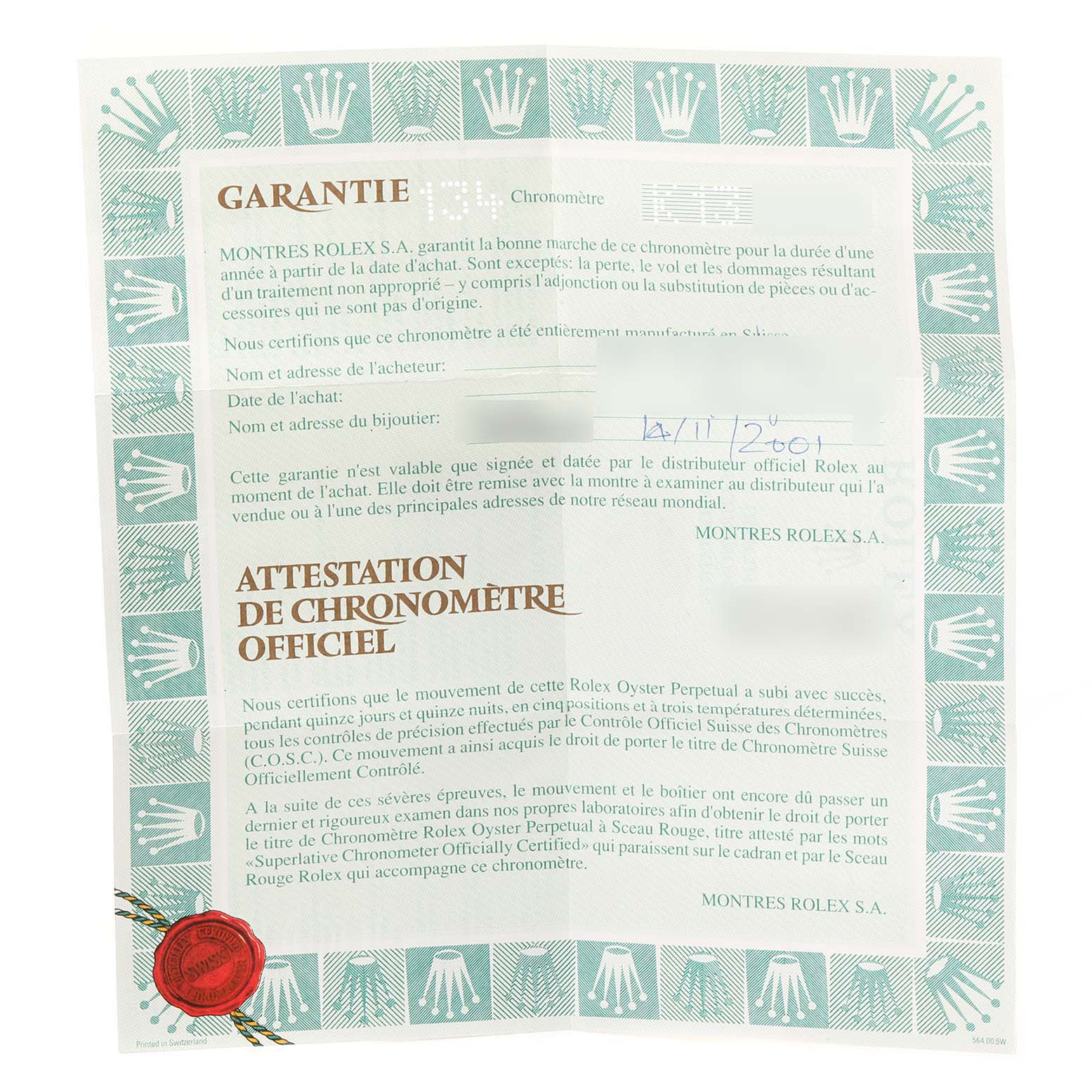 The image shows the warranty and chronometer certification paperwork for a Rolex Datejust 79174 Women's Stainless Steel Silver Dial 79174 Women's Stainless Steel Silver Dial watch.