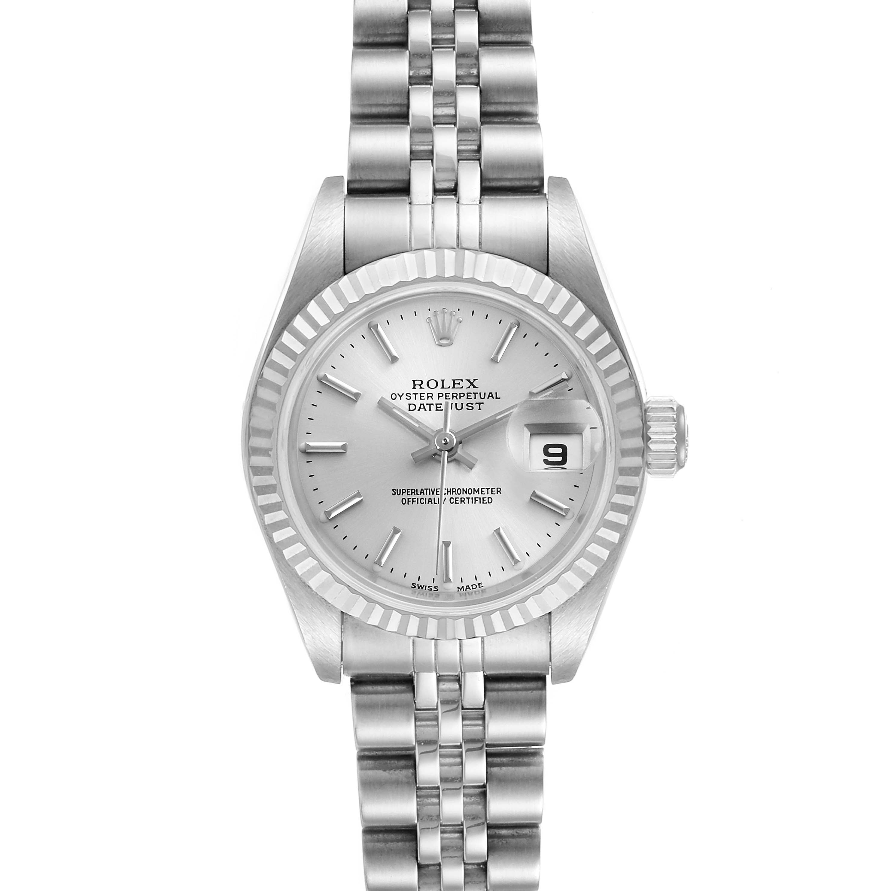 The image shows a front view of the Rolex Datejust 79174 Women's Stainless Steel Silver Dial 79174 Women's Stainless Steel Silver Dial watch, displaying the dial, bezel, and bracelet.