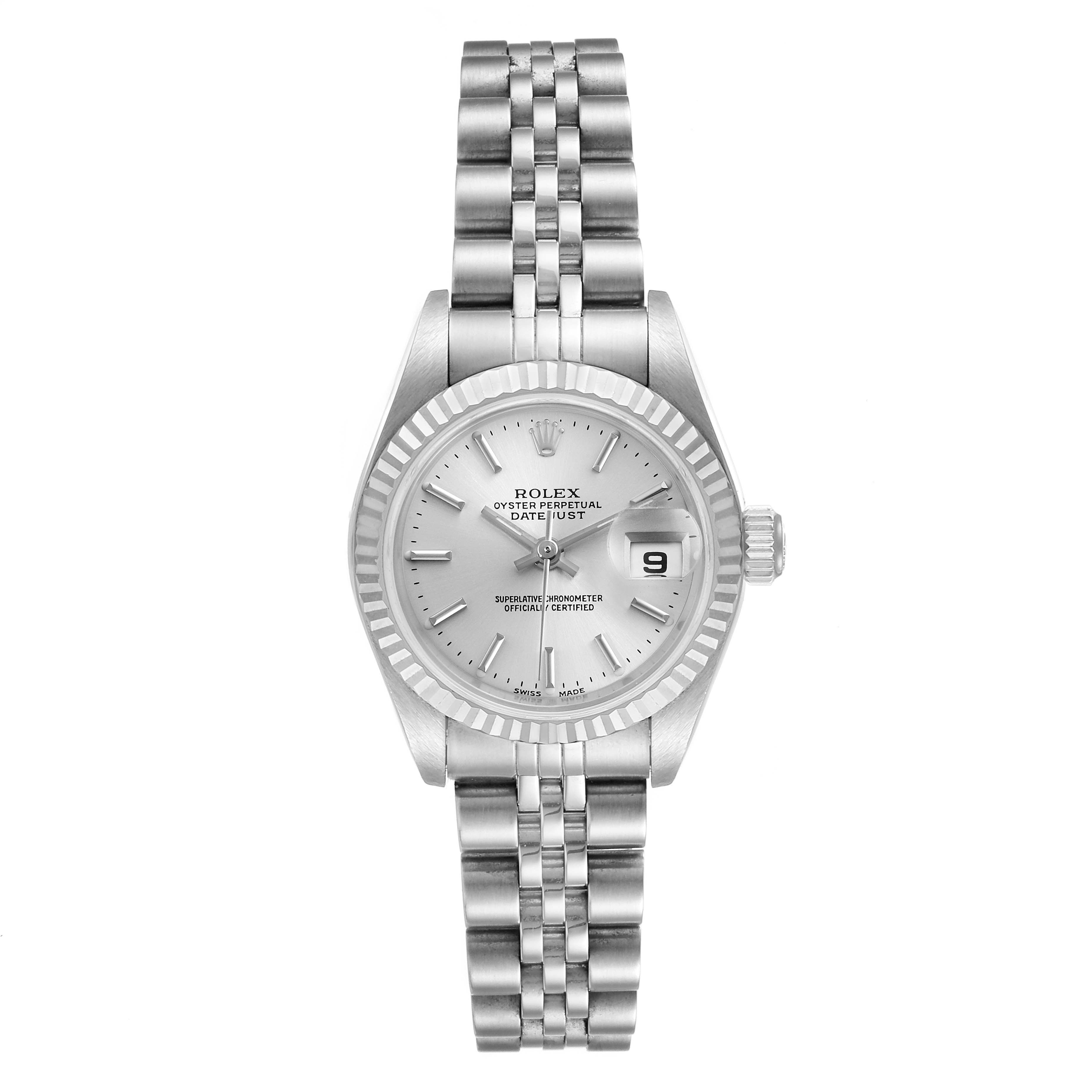 The image shows a Rolex Datejust 79174 Women's Stainless Steel Silver Dial 79174 Women's Stainless Steel Silver Dial watch from a top-down angle, displaying the face, bezel, and full bracelet clearly.