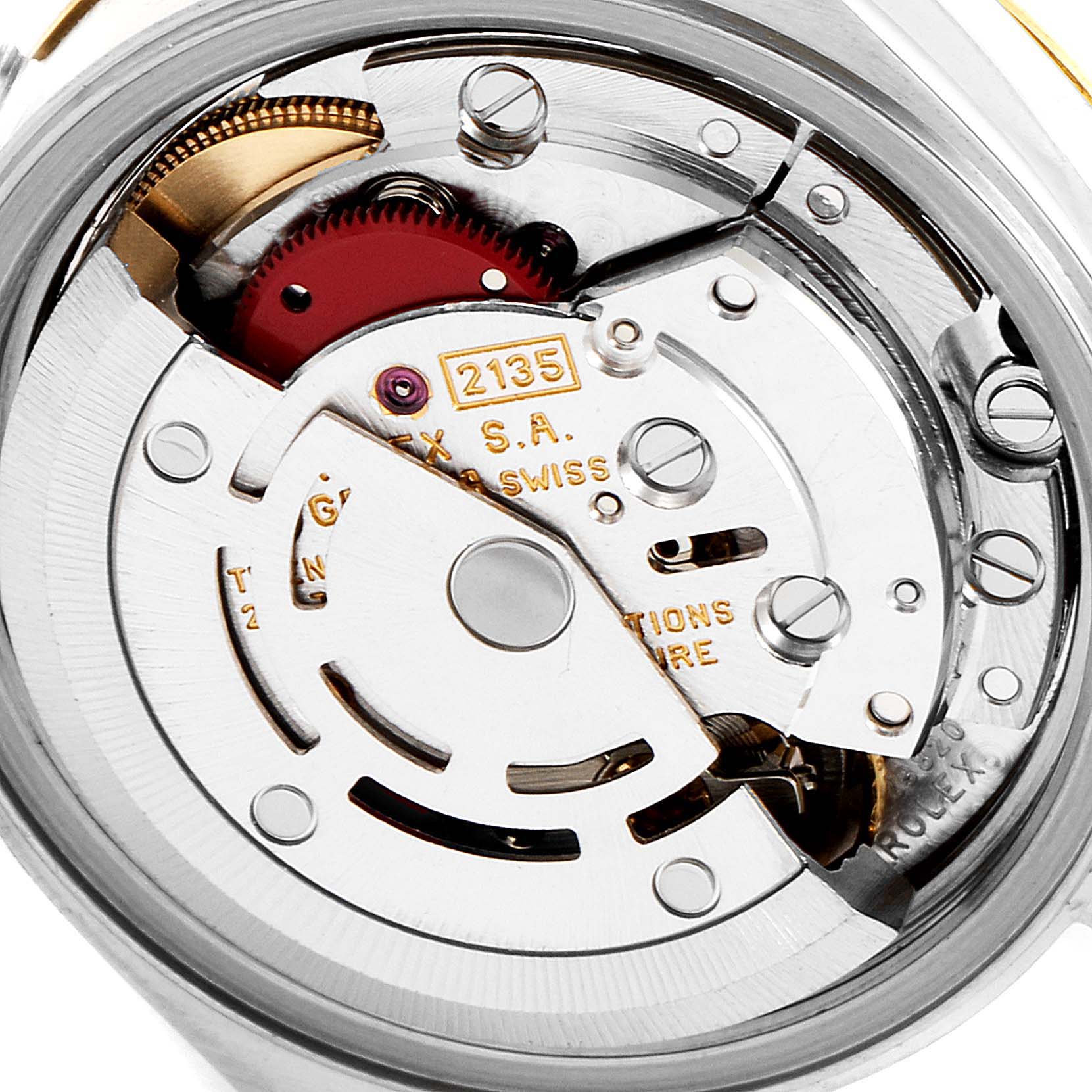 This is an image of the movement mechanism from the back of a Rolex Datejust 69173 Women's Steel and Gold (two tone) Champagne Dial 69173 Women's Steel and Gold (two tone) Champagne Dial watch, showing gears and components.