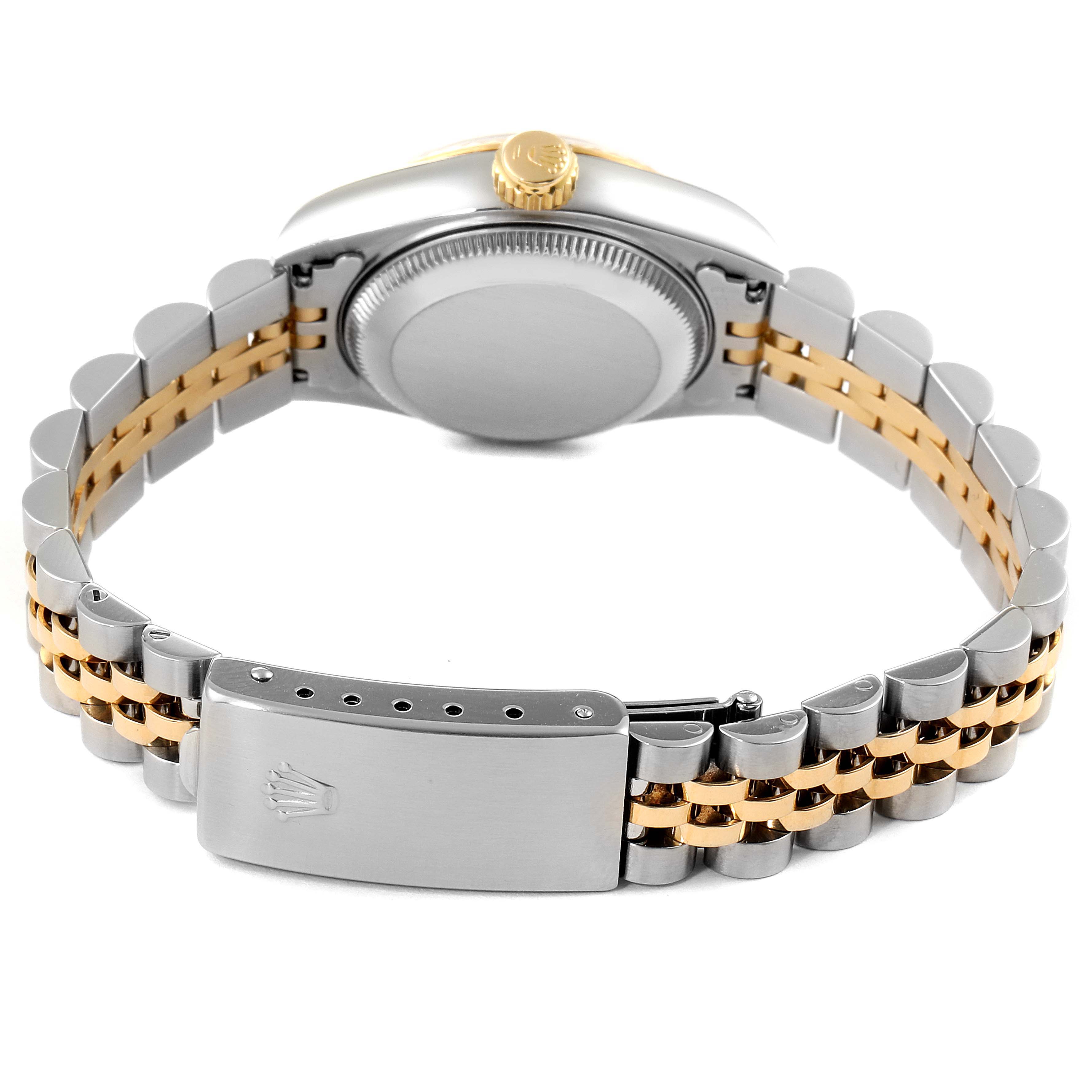 This image shows the back and side of a Rolex Datejust 69173 Women's Steel and Gold (two tone) Champagne Dial 69173 Women's Steel and Gold (two tone) Champagne Dial watch, including the bracelet and clasp.