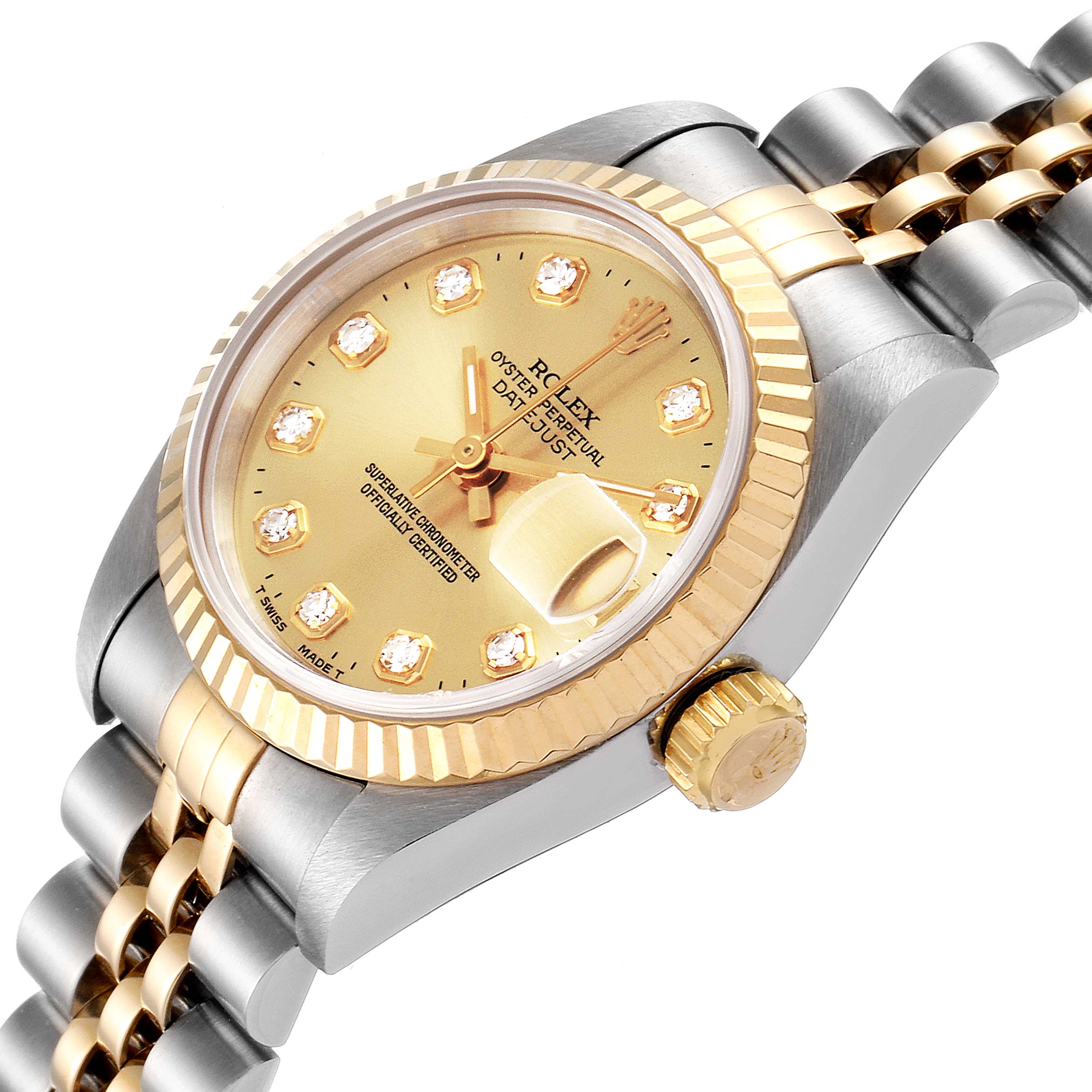 The image shows a gold and silver Rolex Datejust 69173 Women's Steel and Gold (two tone) Champagne Dial 69173 Women's Steel and Gold (two tone) Champagne Dial watch, featuring a gold dial, diamond hour markers, and a Jubilee bracelet.