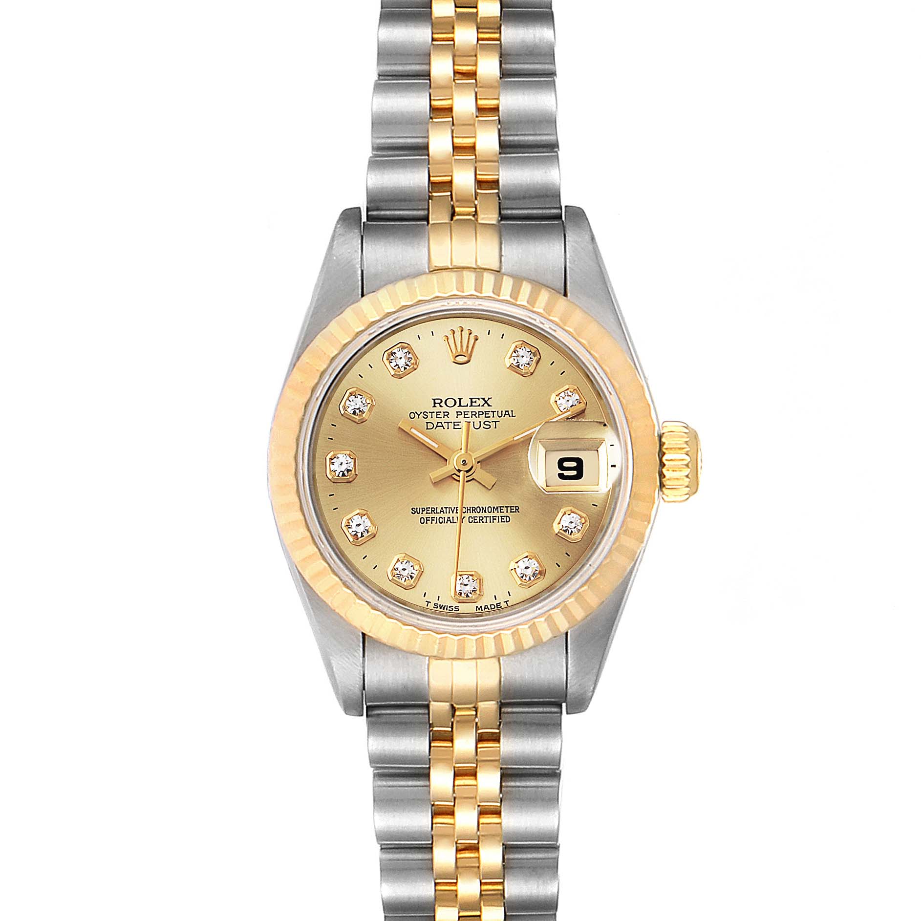 The Rolex Datejust 69173 Women's Steel and Gold (two tone) Champagne Dial 69173 Women's Steel and Gold (two tone) Champagne Dial watch is shown from the front, displaying its dial, bezel, and bracelet.