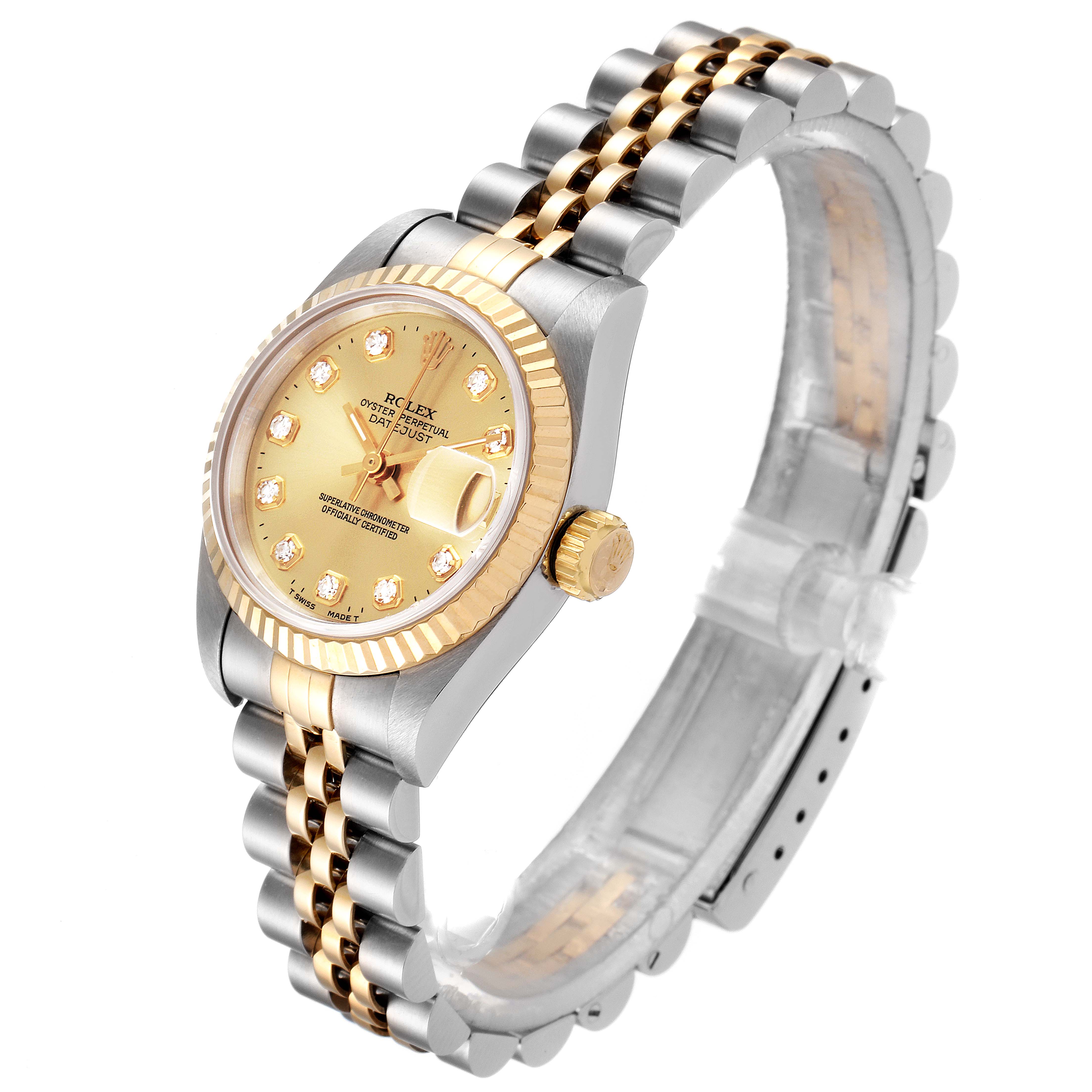 The Rolex Datejust 69173 Women's Steel and Gold (two tone) Champagne Dial 69173 Women's Steel and Gold (two tone) Champagne Dial watch is shown at a three-quarter angle, highlighting its gold dial, fluted bezel, crown, and two-tone jubilee bracelet.