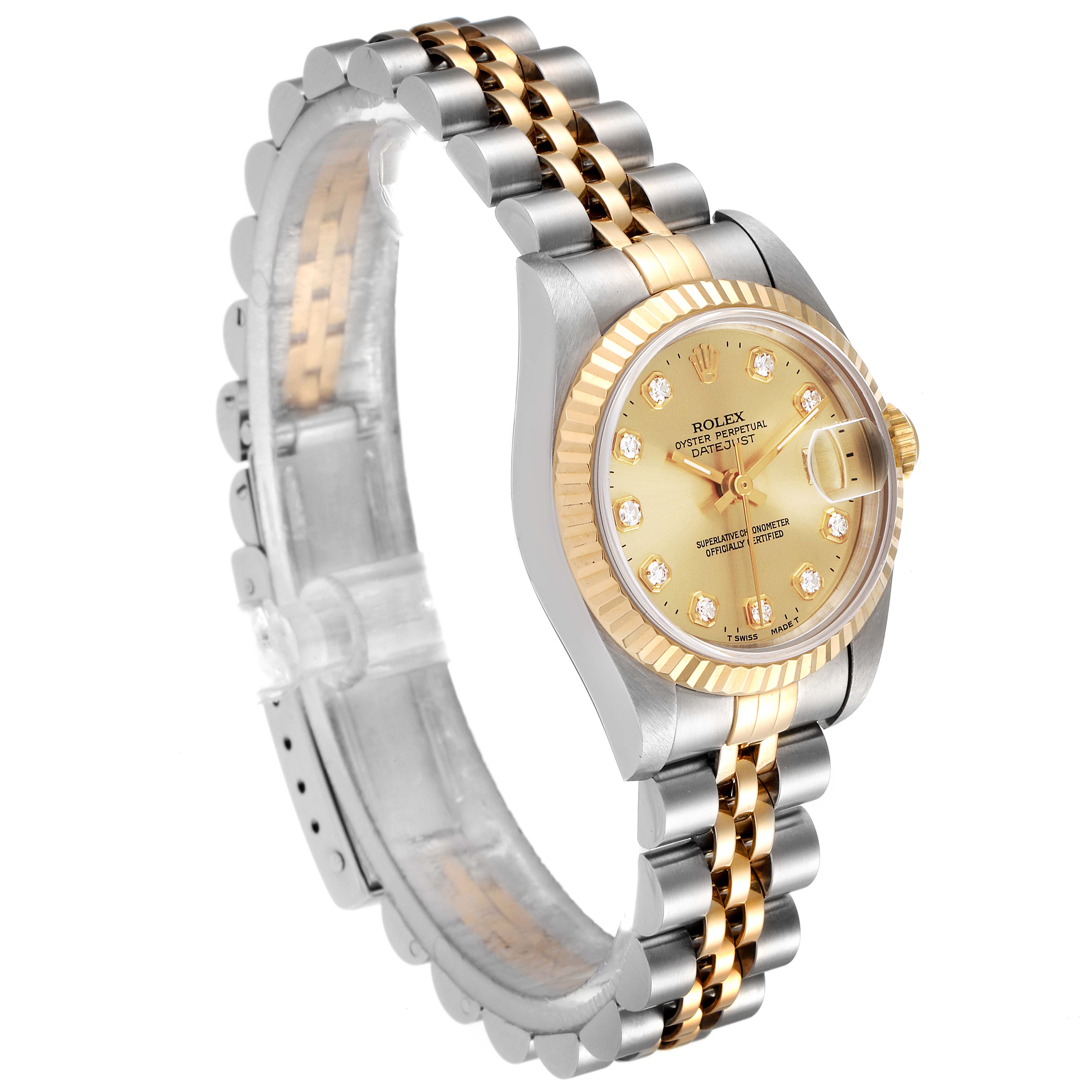 The image shows a side perspective of a Rolex Datejust 69173 Women's Steel and Gold (two tone) Champagne Dial 69173 Women's Steel and Gold (two tone) Champagne Dial watch with a two-tone bracelet and a gold dial.