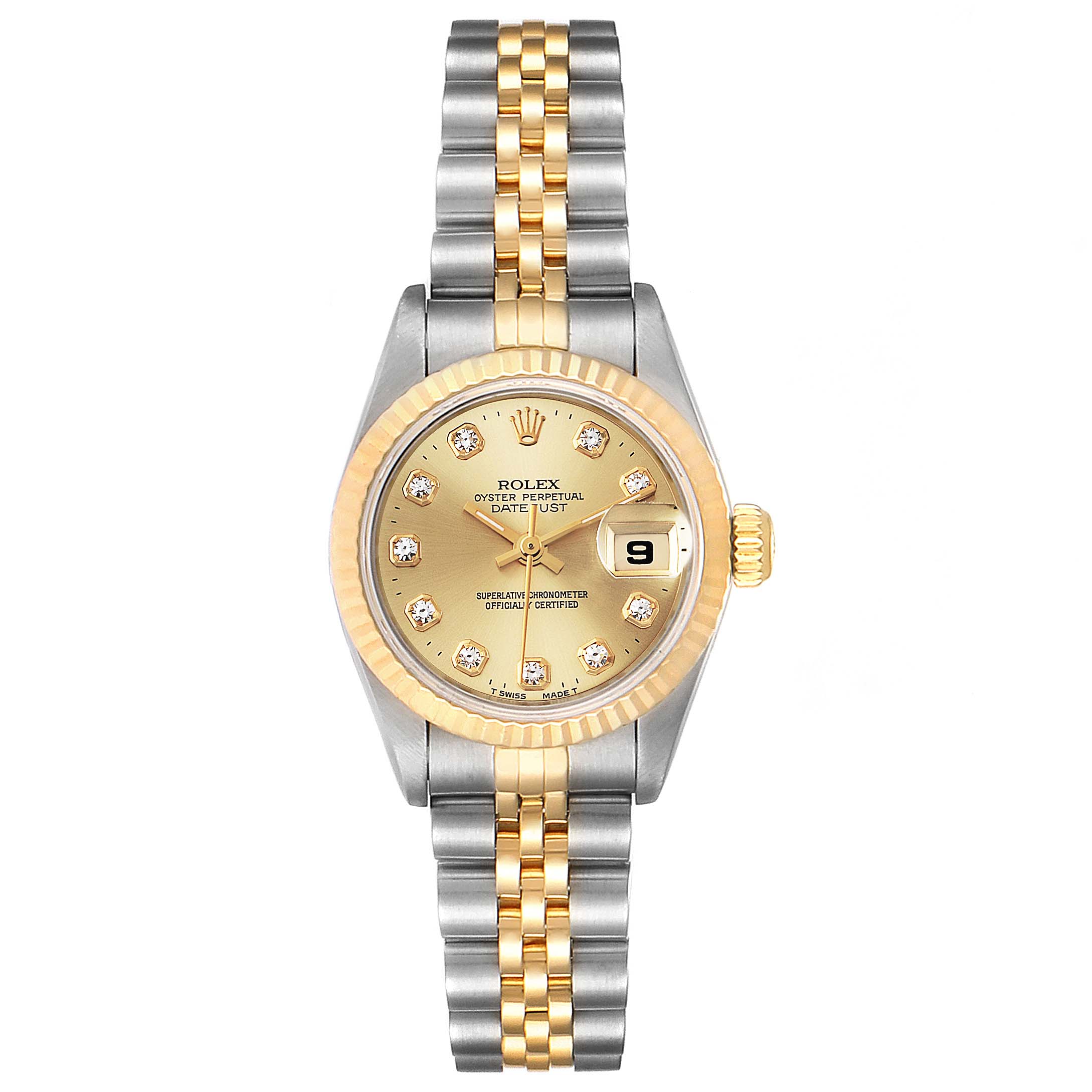 This image displays a Rolex Datejust 69173 Women's Steel and Gold (two tone) Champagne Dial 69173 Women's Steel and Gold (two tone) Champagne Dial watch from a front angle, featuring its dial, bezel, bracelet, and crown.
