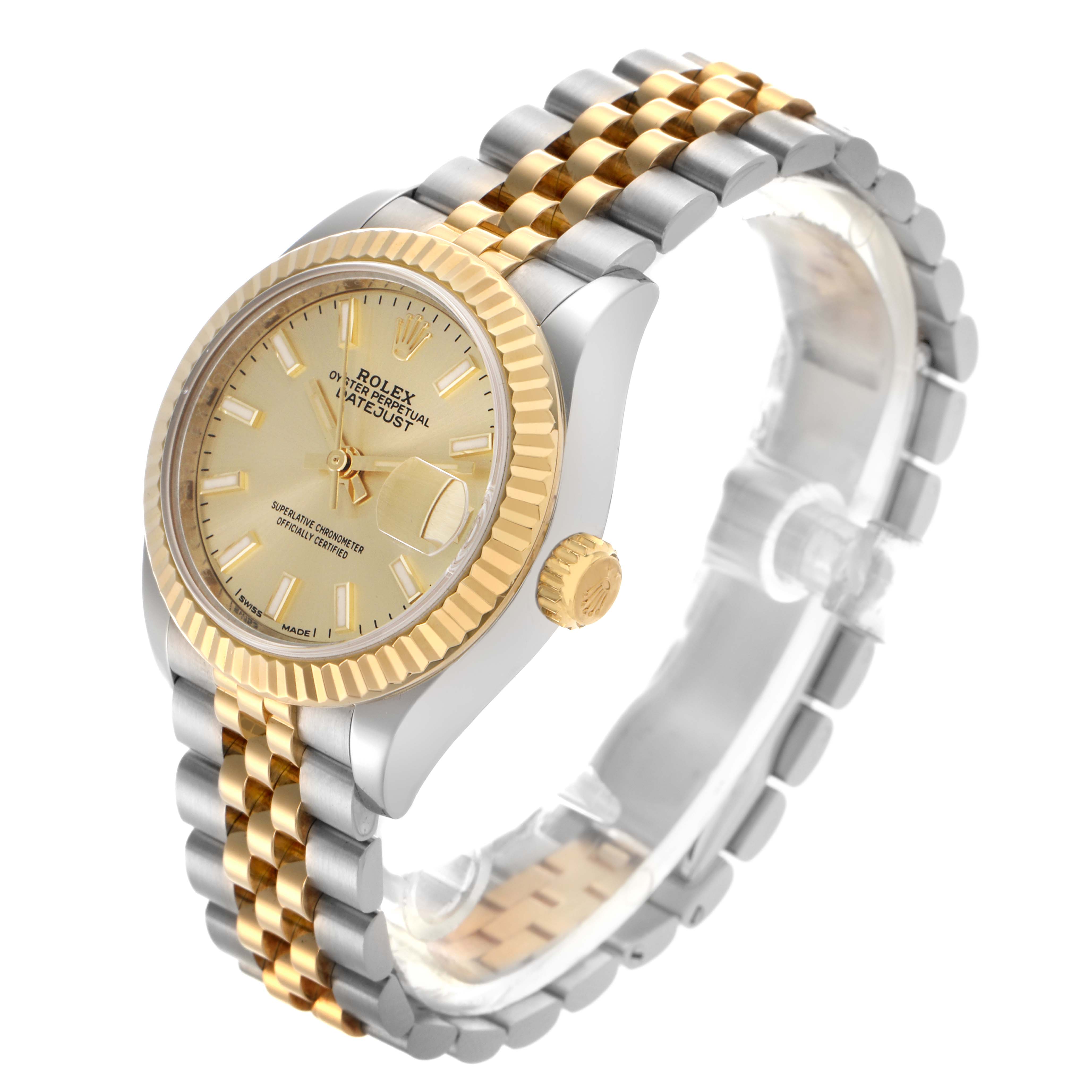 The Rolex Datejust 279173 Women's Steel and Gold (two tone) Champagne Dial 279173 Women's Steel and Gold (two tone) Champagne Dial watch is shown at a three-quarter angle, highlighting the gold and silver jubilee bracelet, bezel, and crown.