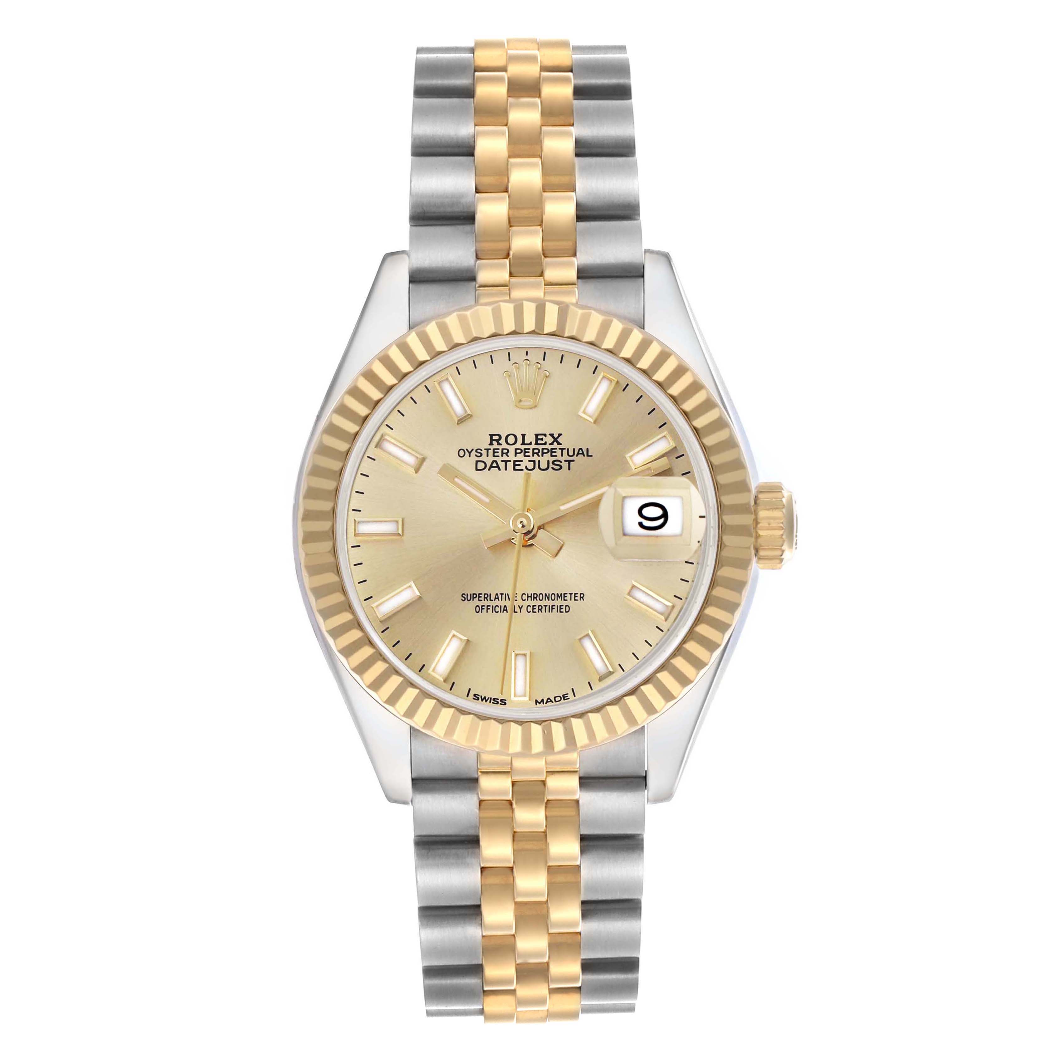 The image shows a full frontal view of the Rolex Datejust 279173 Women's Steel and Gold (two tone) Champagne Dial 279173 Women's Steel and Gold (two tone) Champagne Dial, highlighting the dial, bezel, and two-tone bracelet.