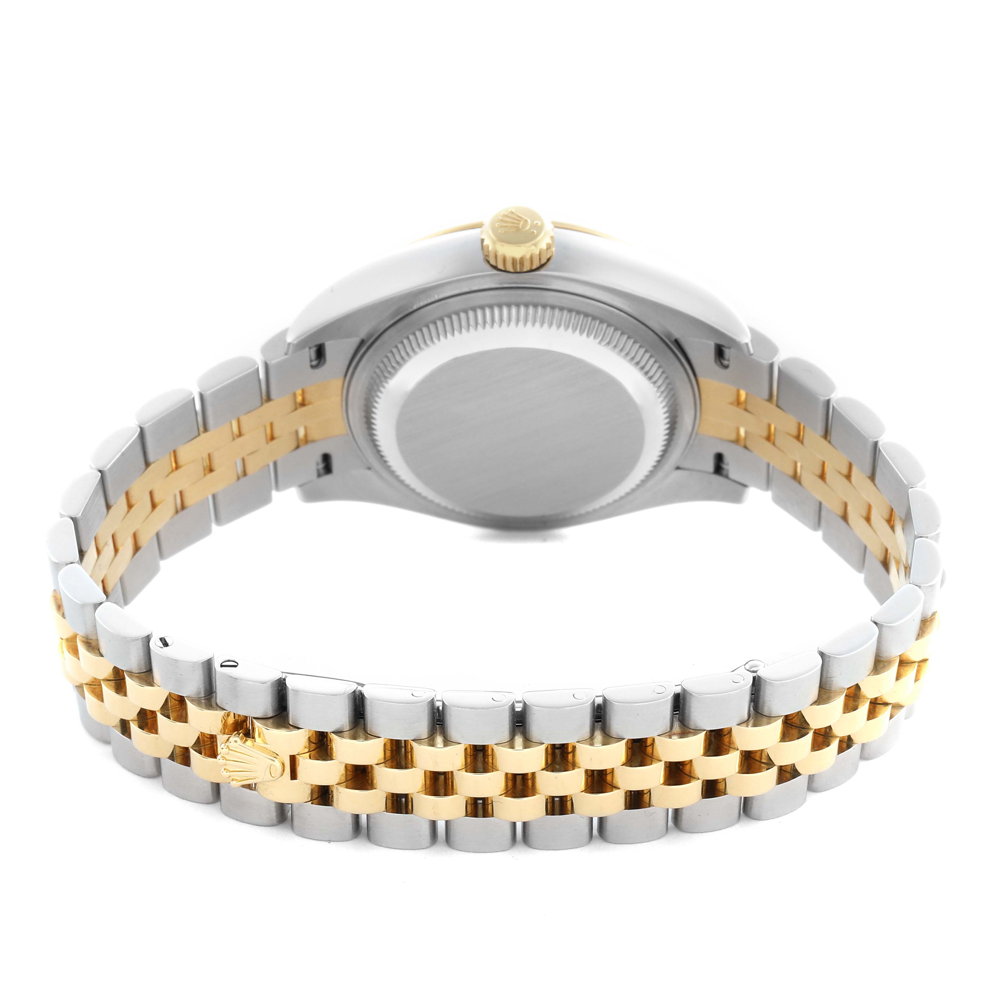 This image shows the back case and bracelet of a Rolex Datejust 279173 Women's Steel and Gold (two tone) Champagne Dial 279173 Women's Steel and Gold (two tone) Champagne Dial, highlighting the two-tone metal links and crown.