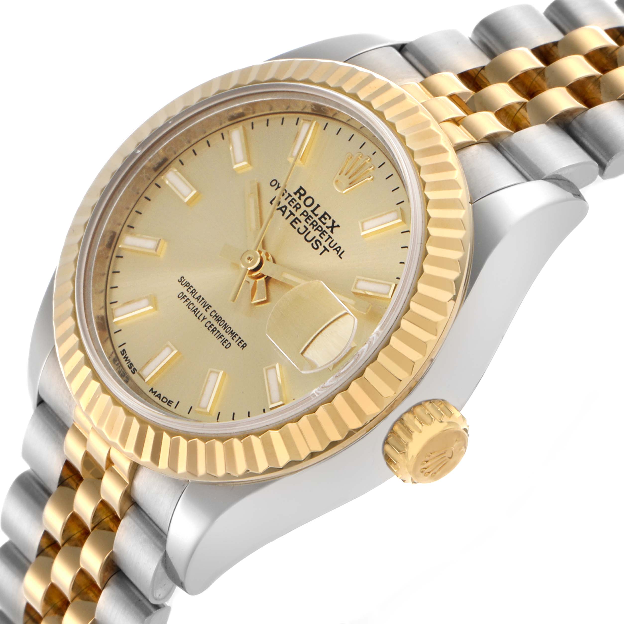 The Rolex Datejust 279173 Women's Steel and Gold (two tone) Champagne Dial 279173 Women's Steel and Gold (two tone) Champagne Dial watch is shown at an angle highlighting the dial, fluted bezel, and two-tone bracelet.