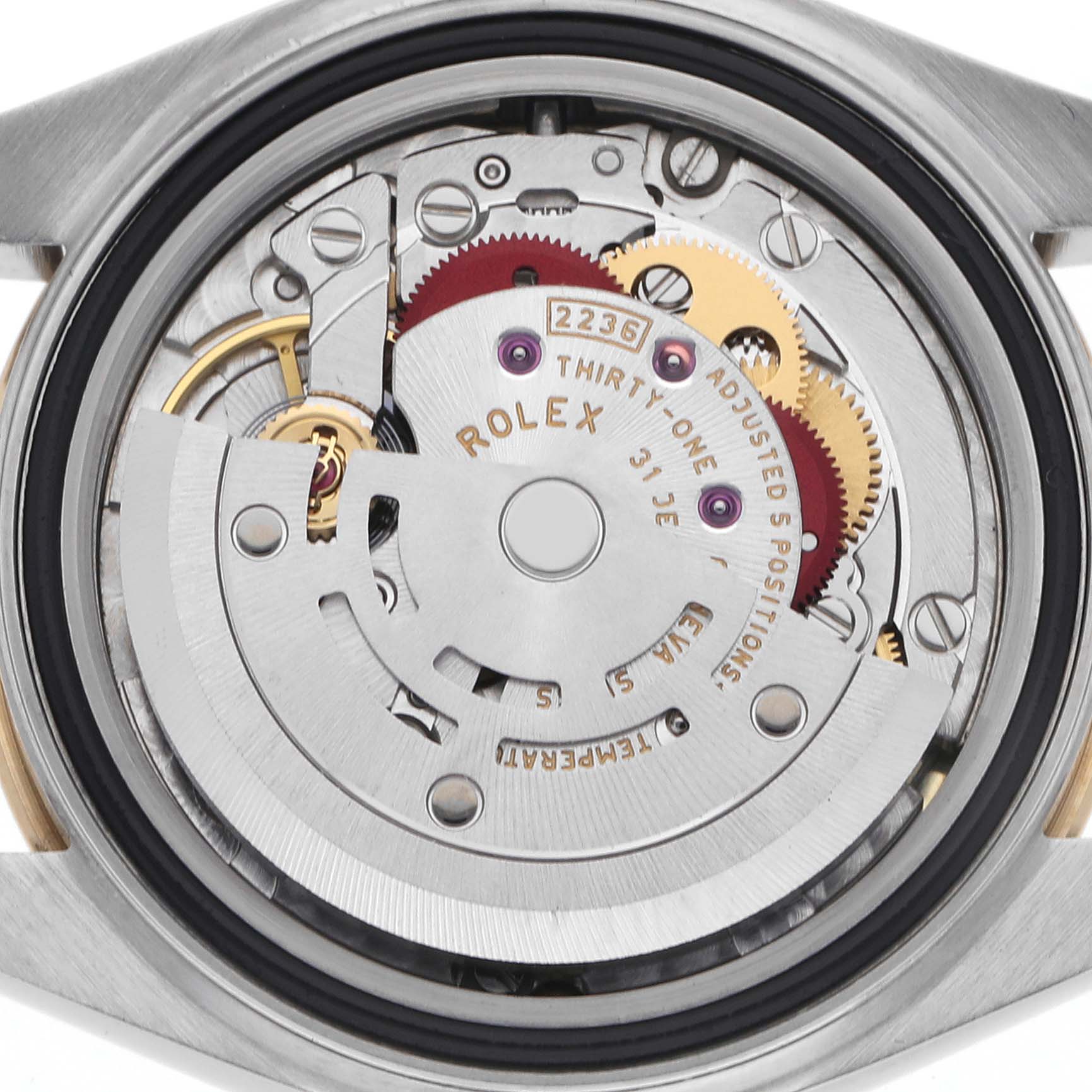 The image shows the movement of a Rolex Datejust 279173 Women's Steel and Gold (two tone) Champagne Dial 279173 Women's Steel and Gold (two tone) Champagne Dial watch, focusing on the intricate internal mechanisms.