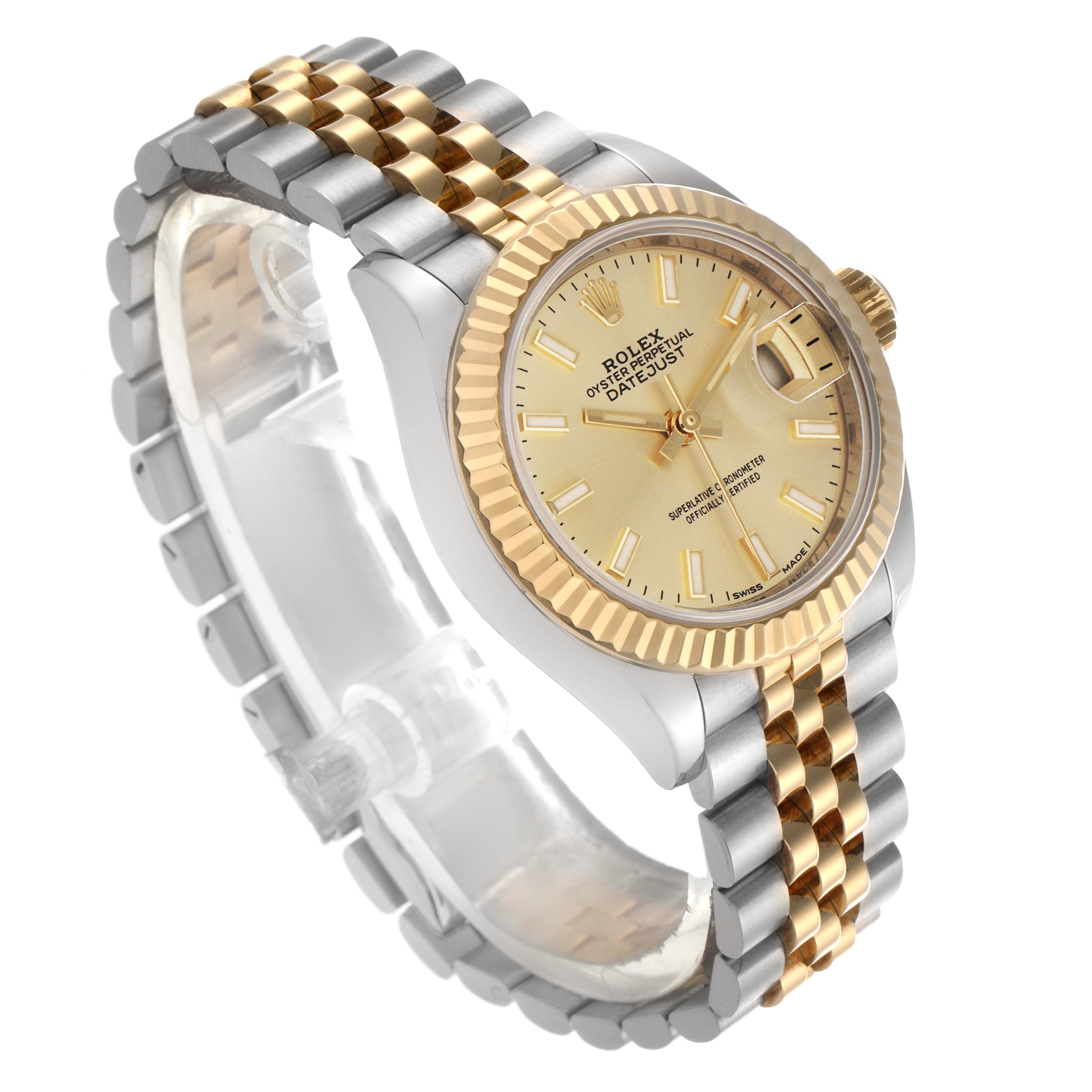 The Rolex Datejust 279173 Women's Steel and Gold (two tone) Champagne Dial 279173 Women's Steel and Gold (two tone) Champagne Dial watch is shown at a three-quarter angle, highlighting the gold fluted bezel and two-tone Jubilee bracelet.
