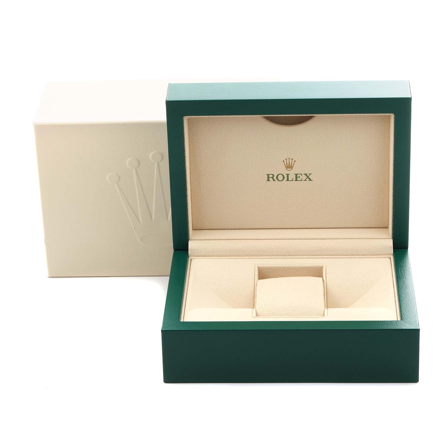 The image shows an open Rolex Datejust 279173 Women's Steel and Gold (two tone) Champagne Dial 279173 Women's Steel and Gold (two tone) Champagne Dial watch box with a green exterior and beige interior.