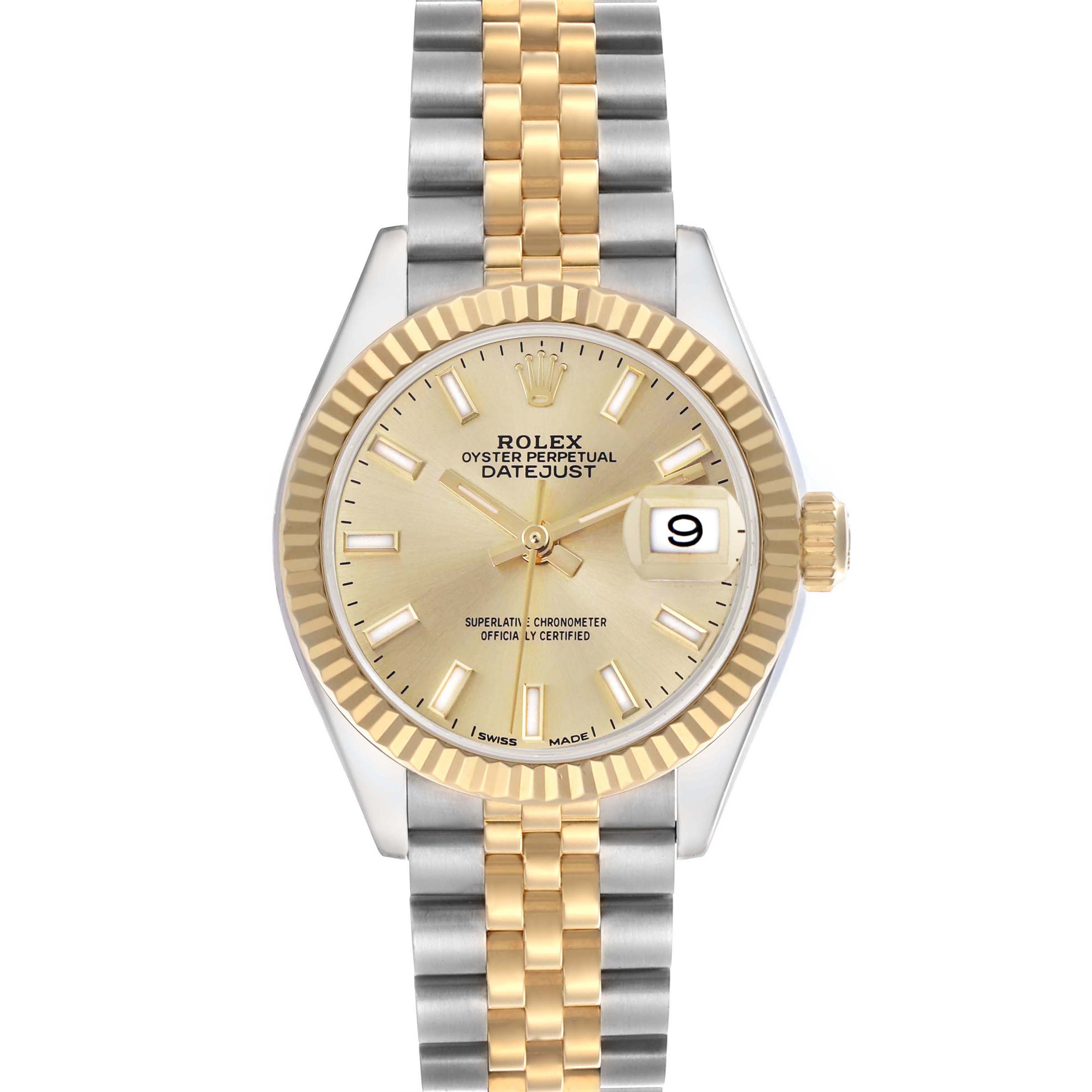 The Rolex Datejust 279173 Women's Steel and Gold (two tone) Champagne Dial 279173 Women's Steel and Gold (two tone) Champagne Dial watch is shown from the front, highlighting its face, hands, date, bezel, and two-tone bracelet.