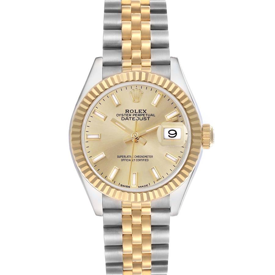 The Rolex Datejust watch is shown from the front, highlighting its face, hands, date, bezel, and two-tone bracelet.