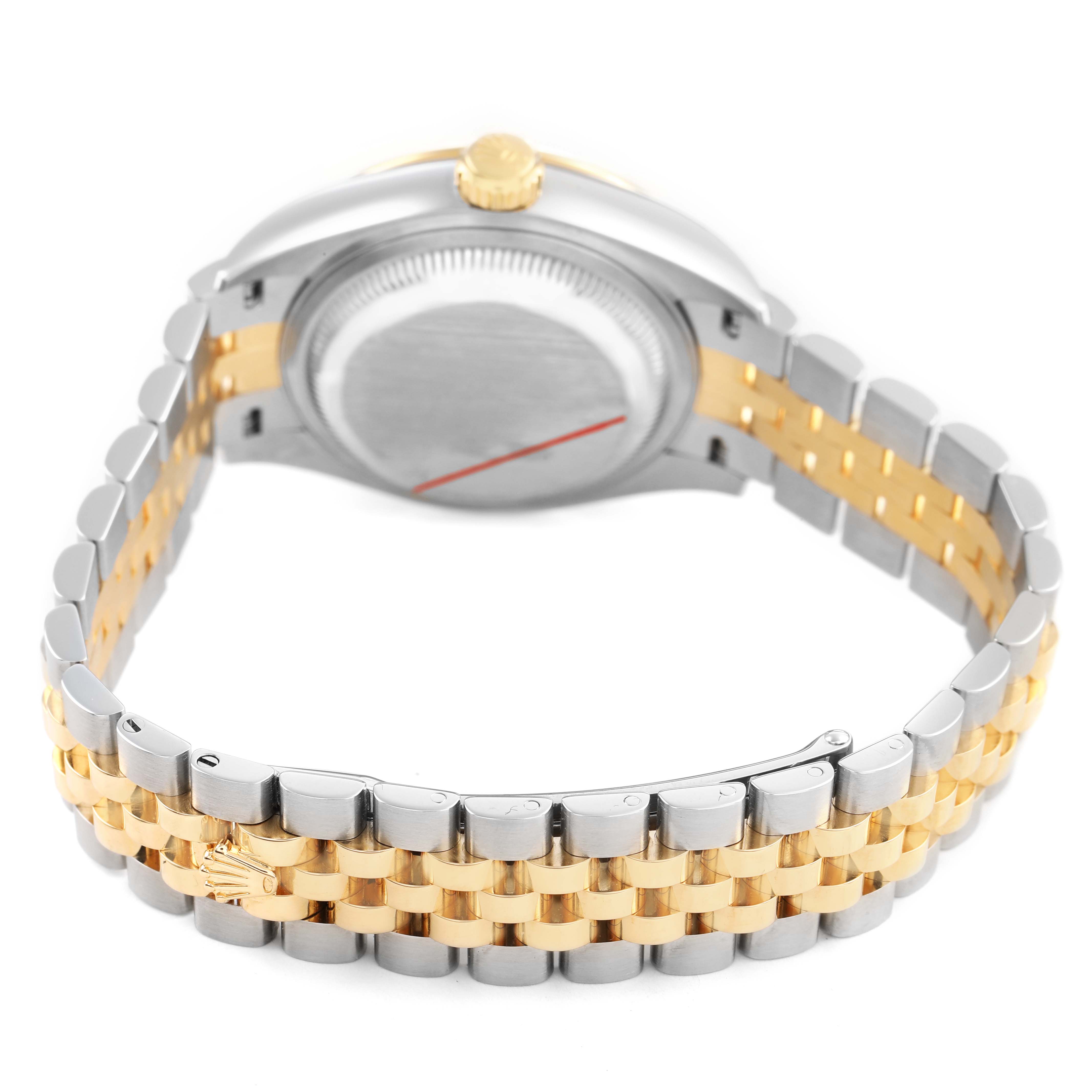 The image shows the rear view of the Rolex Datejust 279173 Women's Steel and Gold (two tone) Champagne Dial, focusing on the bracelet and case back.