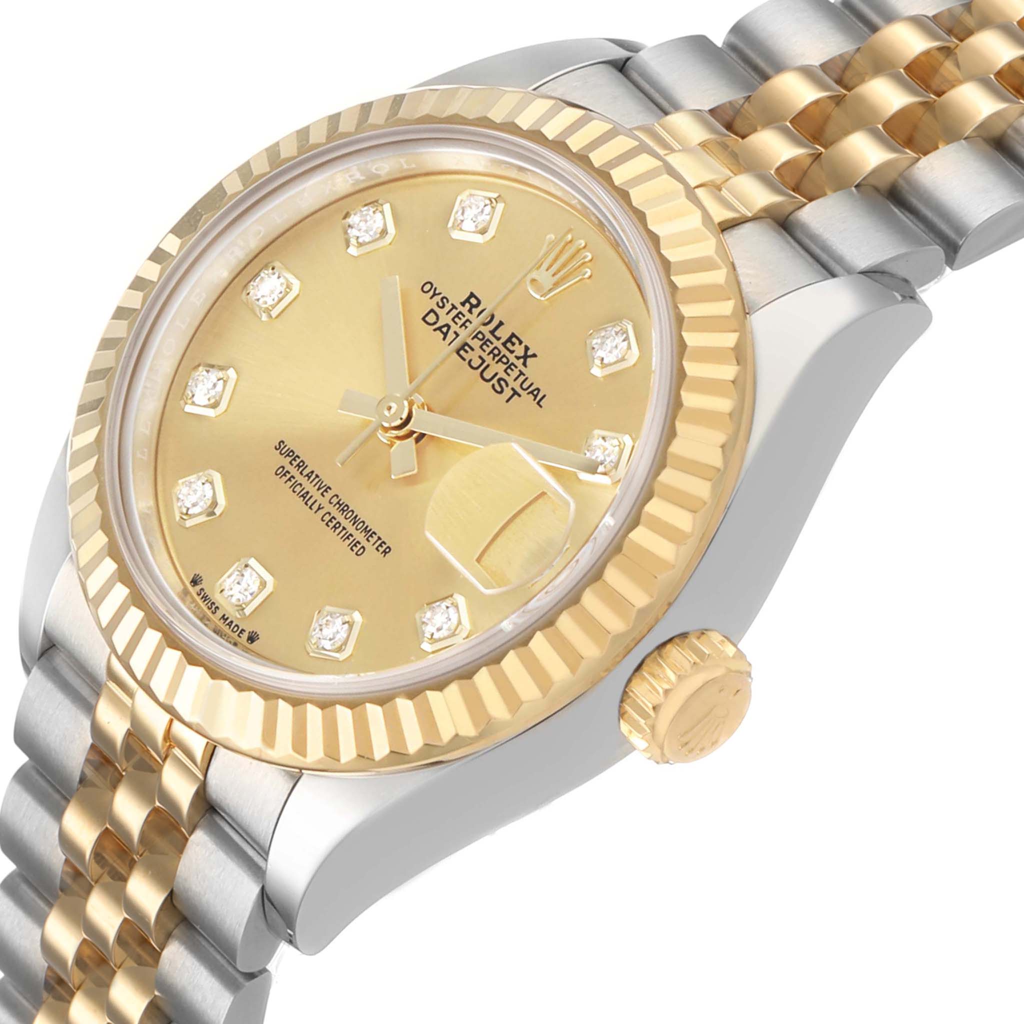 The Rolex Datejust 279173 Women's Steel and Gold (two tone) Champagne Dial watch is shown at an angled view, highlighting the gold bezel, crown, and two-tone bracelet.