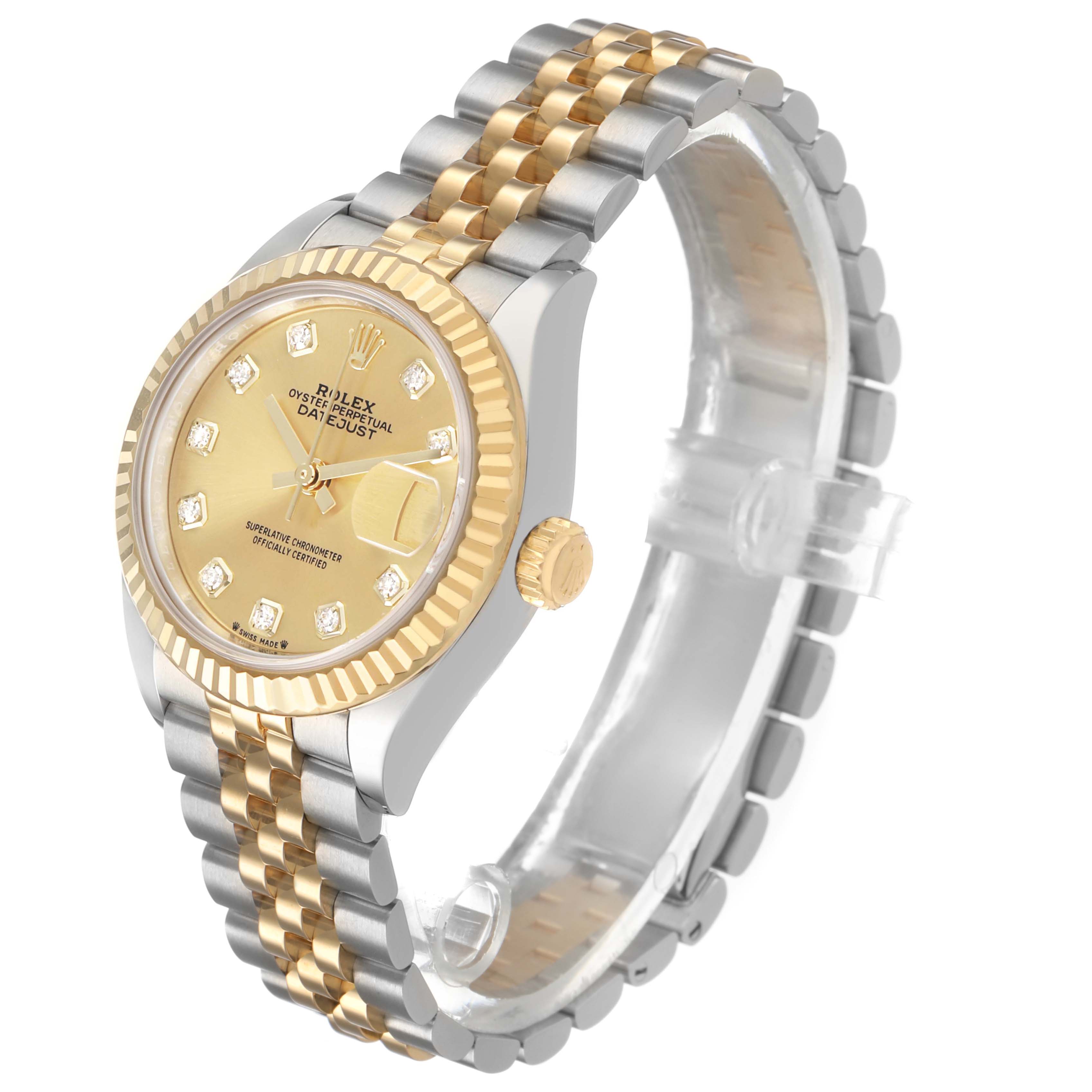 This image shows the Rolex Datejust 279173 Women's Steel and Gold (two tone) Champagne Dial watch at a side angle, highlighting the dial, bezel, crown, and bracelet.