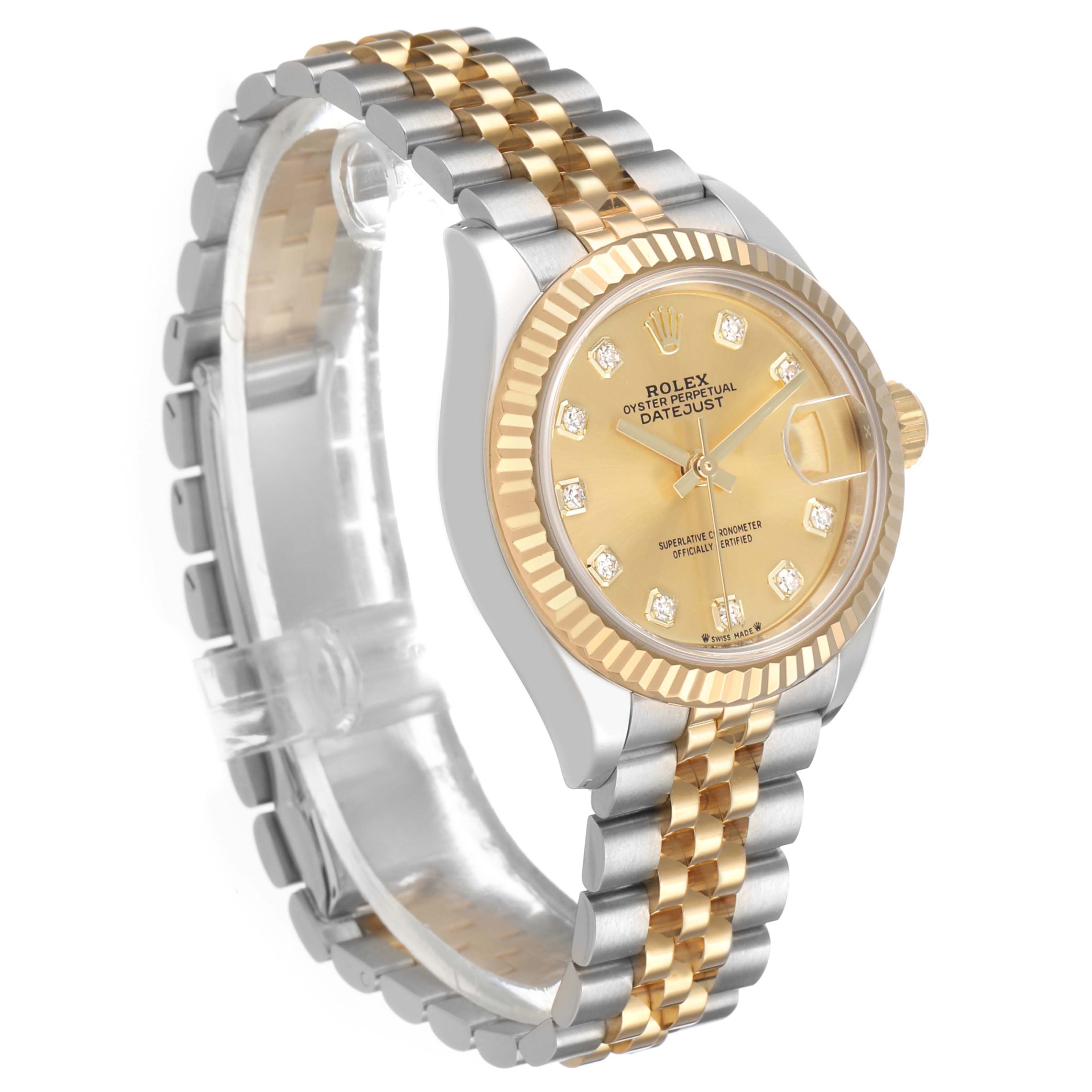 This Rolex Datejust 279173 Women's Steel and Gold (two tone) Champagne Dial watch is shown at a slight angle, displaying its bezel, dial, and dual-tone bracelet.