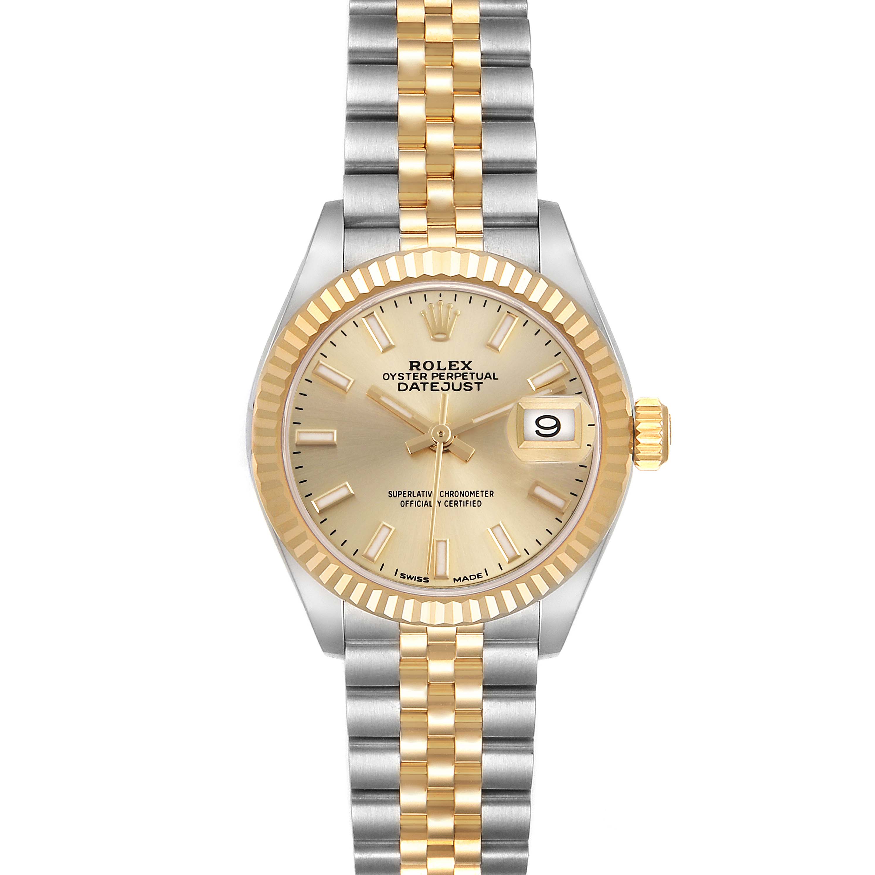 The Rolex Datejust 279173 Women's Steel and Gold (two tone) Champagne Dial 279173 Women's Steel and Gold (two tone) Champagne Dial watch is shown from a front angle, highlighting the dial, case, bezel, and bracelet.