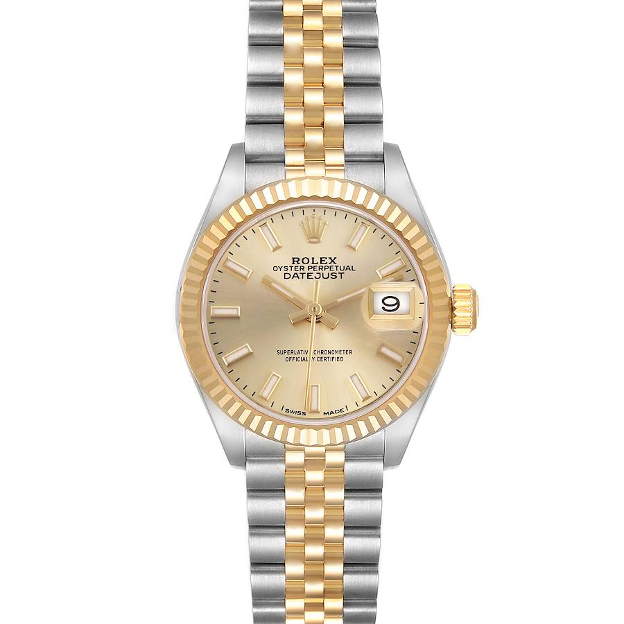 The Rolex Datejust watch is shown from a front angle, highlighting the dial, case, bezel, and bracelet.