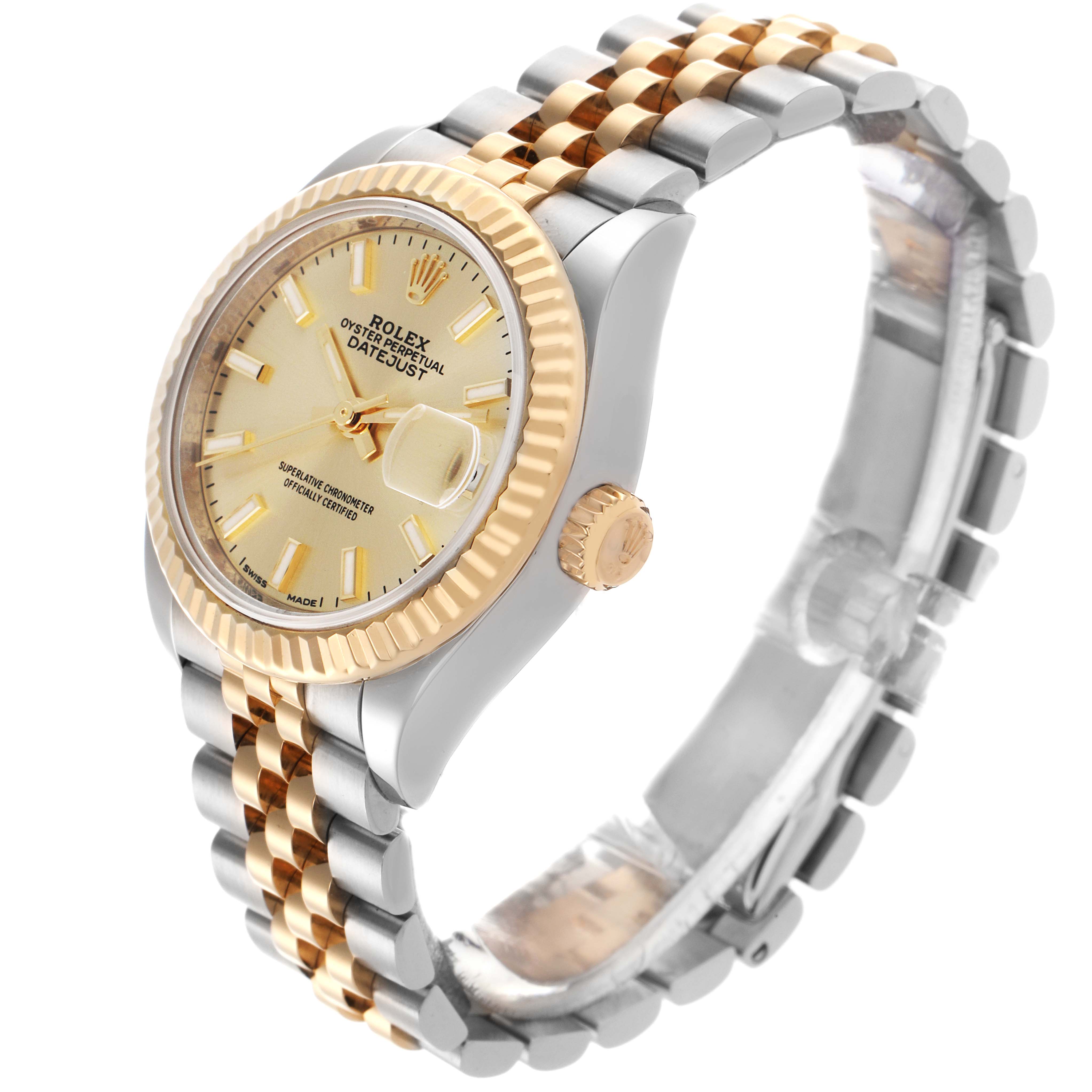 The Rolex Datejust 279173 Women's Steel and Gold (two tone) Champagne Dial 279173 Women's Steel and Gold (two tone) Champagne Dial watch is shown at a three-quarter angle, highlighting the fluted bezel, bracelet, and dial details.