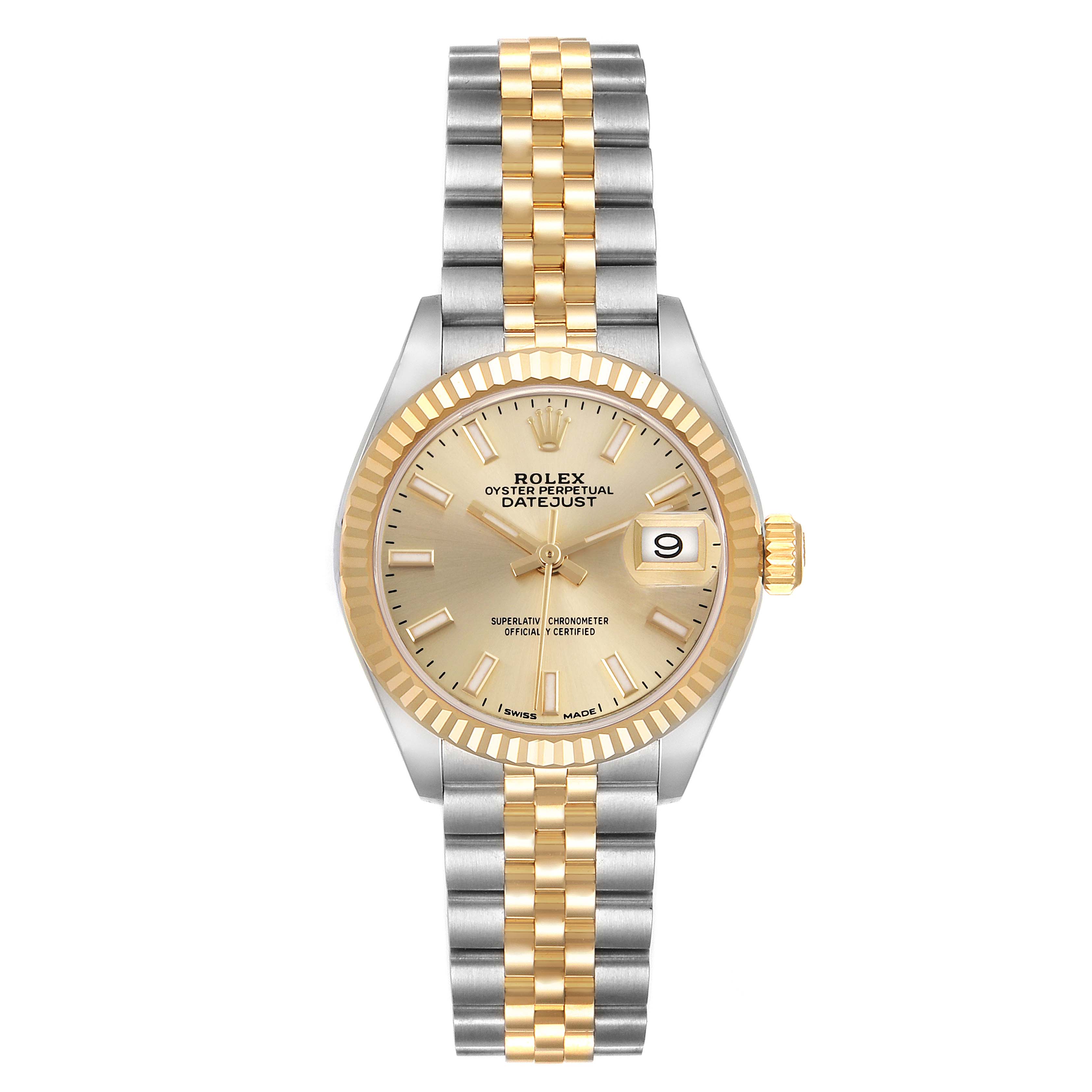 The Rolex Datejust 279173 Women's Steel and Gold (two tone) Champagne Dial 279173 Women's Steel and Gold (two tone) Champagne Dial watch is shown from a top-down angle, displaying the face, bezel, and Jubilee bracelet.