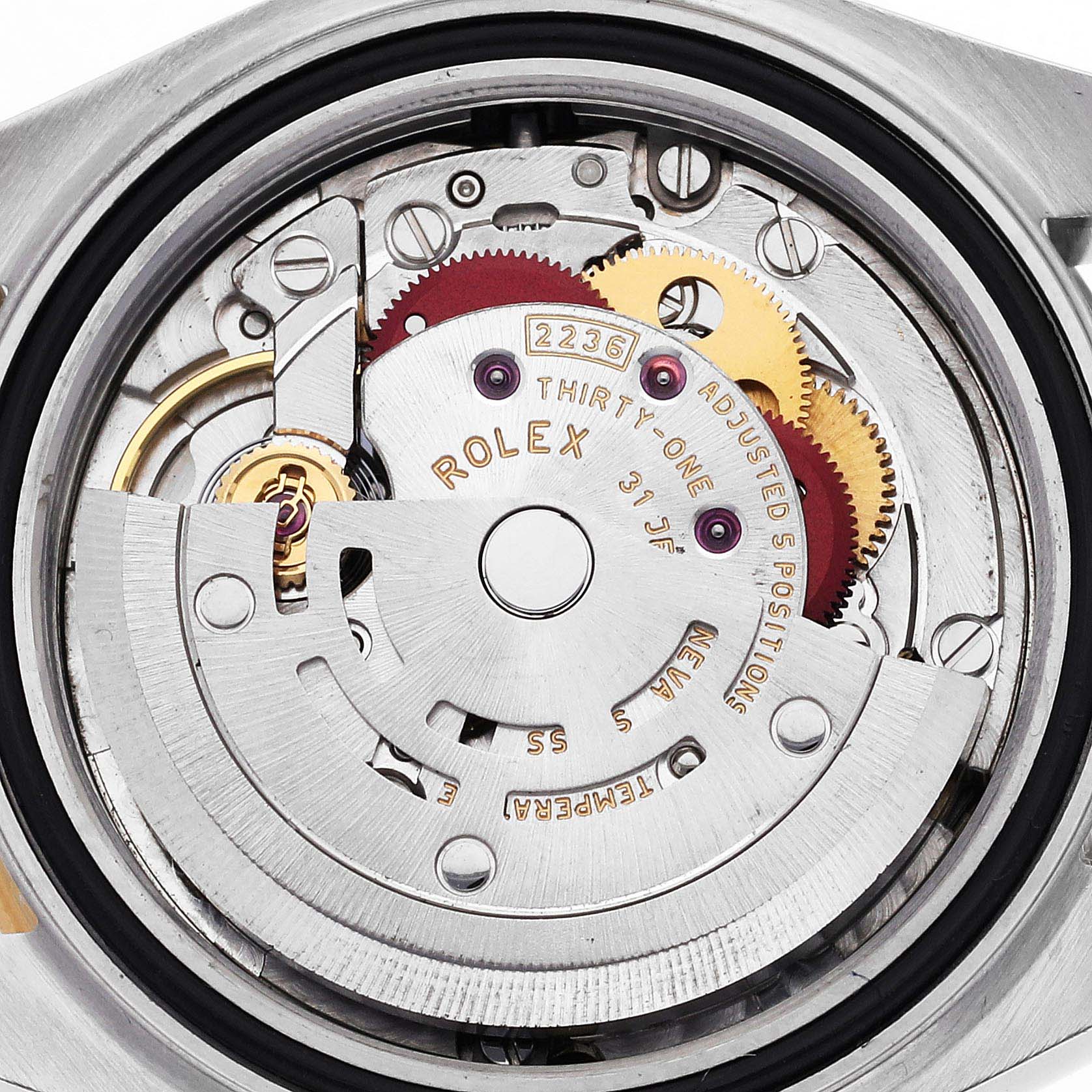 The image shows the movement of a Rolex Datejust 279173 Women's Steel and Gold (two tone) Champagne Dial 279173 Women's Steel and Gold (two tone) Champagne Dial watch from a top-down angle, highlighting gears and internal components.