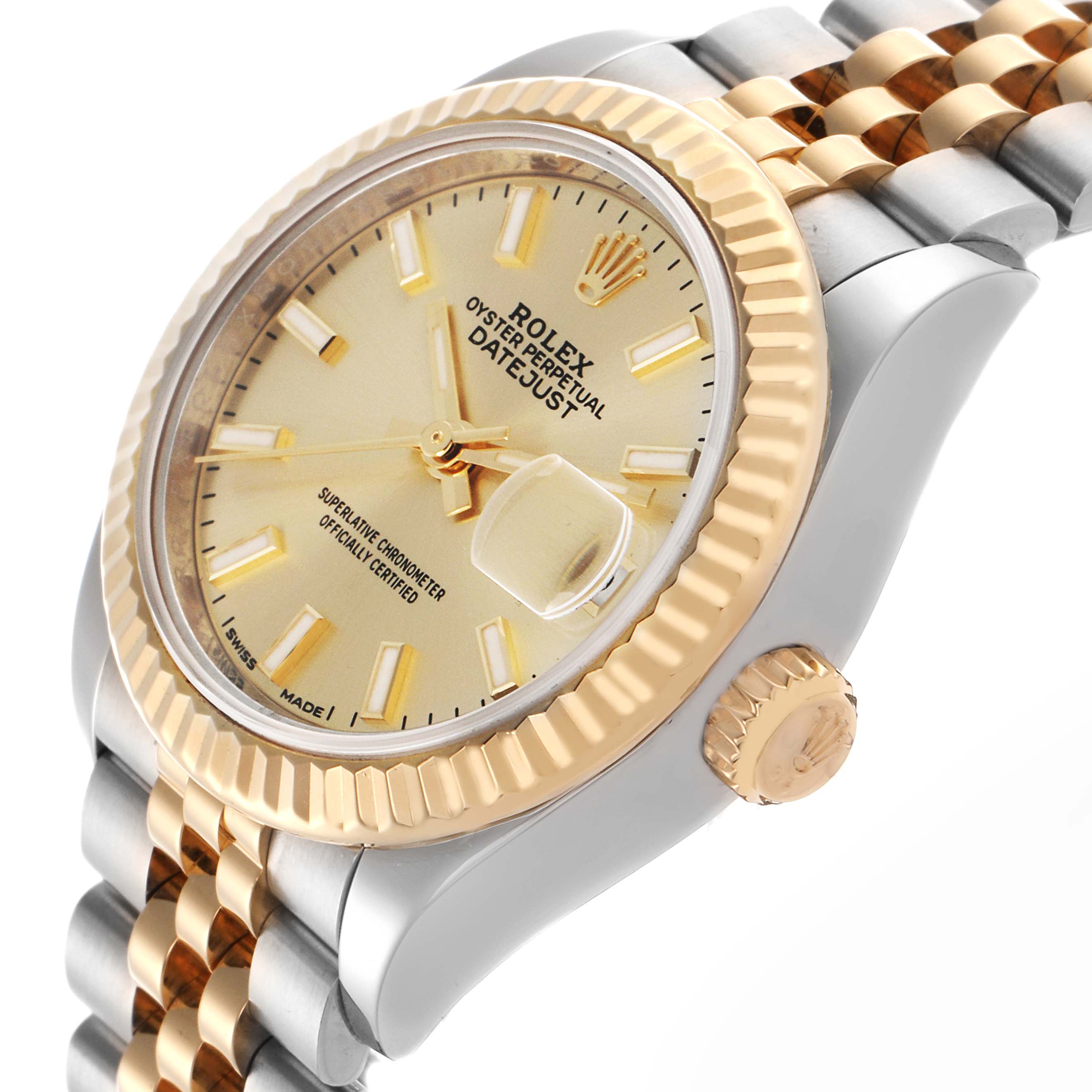 The image shows a close-up side angle of a Rolex Datejust 279173 Women's Steel and Gold (two tone) Champagne Dial 279173 Women's Steel and Gold (two tone) Champagne Dial, highlighting the bezel, crown, dial, and two-tone bracelet.