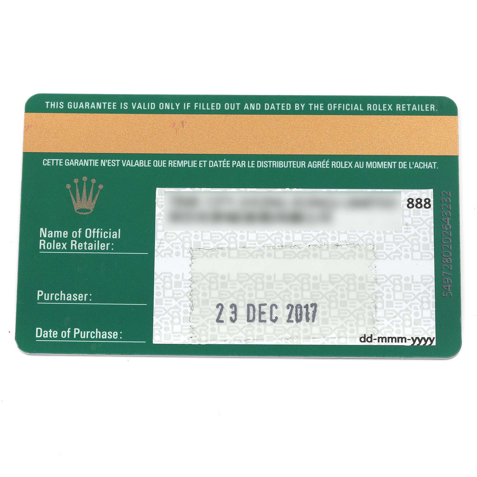 This is a top-down view of a Rolex warranty card for the Datejust model, showing purchase details and retailer information.