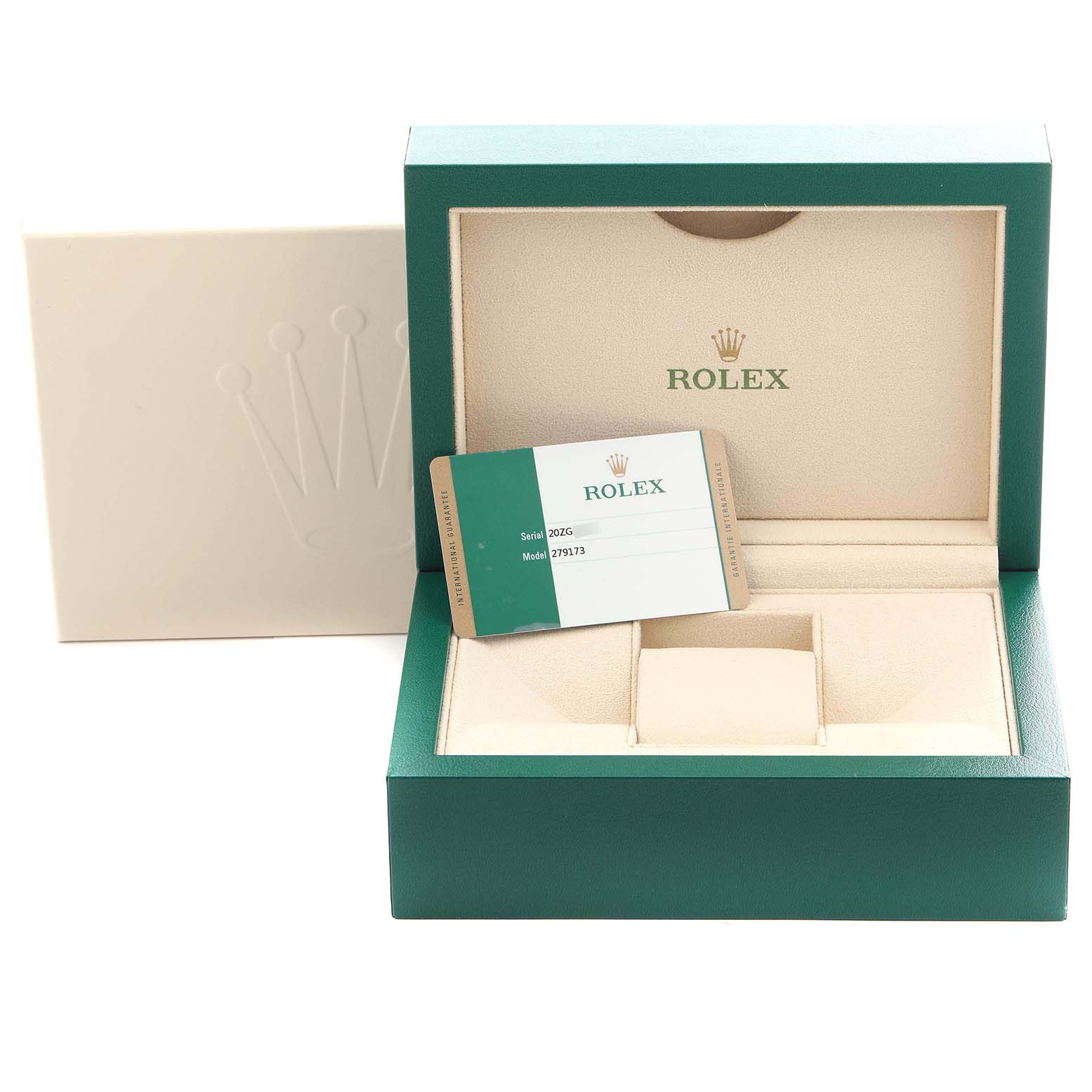 The image shows a Rolex Datejust 279173 Women's Steel and Gold (two tone) Champagne Dial 279173 Women's Steel and Gold (two tone) Champagne Dial watch box and warranty card, angled open, with the card displaying serial information.
