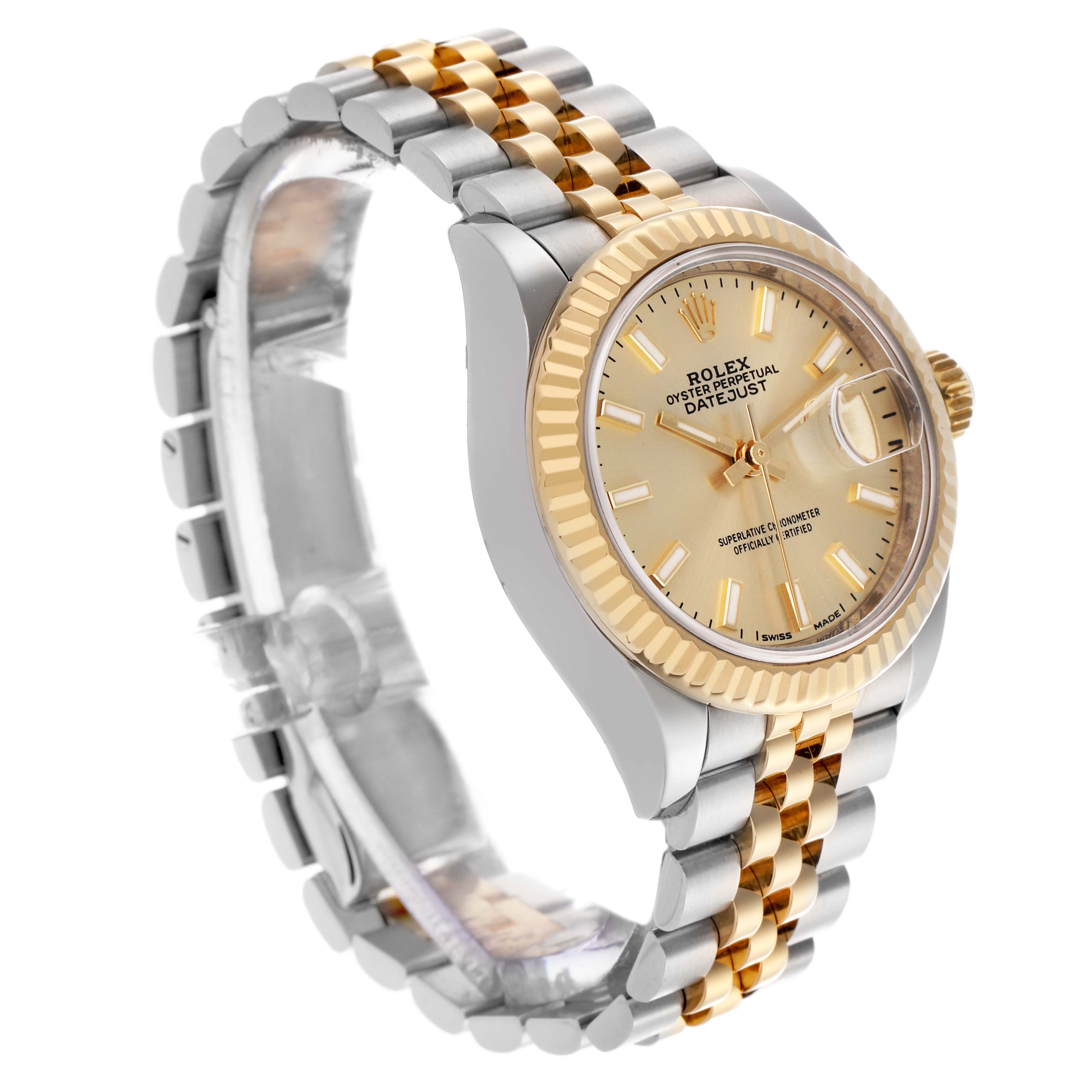 The Rolex Datejust 279173 Women's Steel and Gold (two tone) Champagne Dial 279173 Women's Steel and Gold (two tone) Champagne Dial is shown at a three-quarter angle, highlighting the gold bezel, two-tone bracelet, and face details.